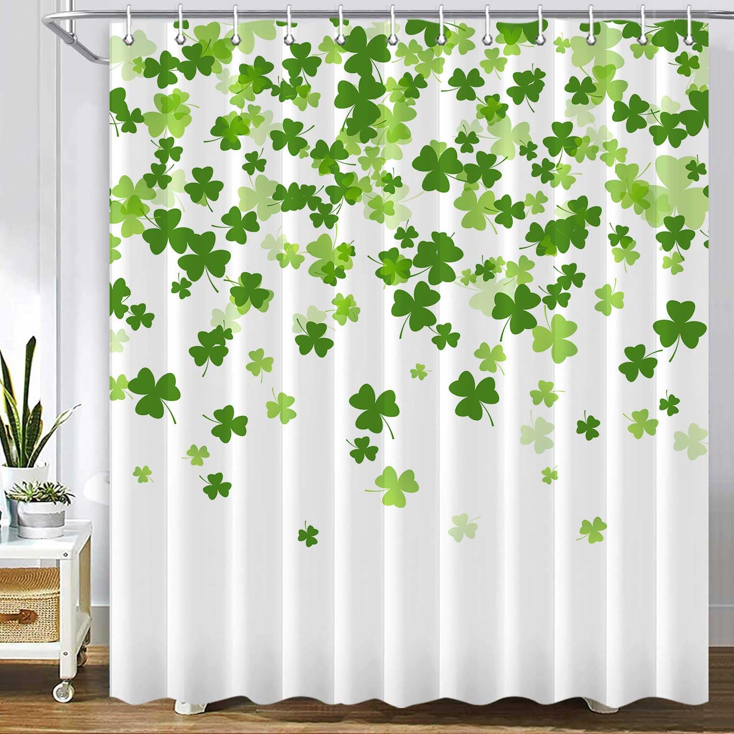 St. Patrick's Day Shower Curtain - Green Clover Leaf Irish Shamrock Design with Hooks, 72x72 inches - Perfect for Bathroom Decor & Irish Themed Parties