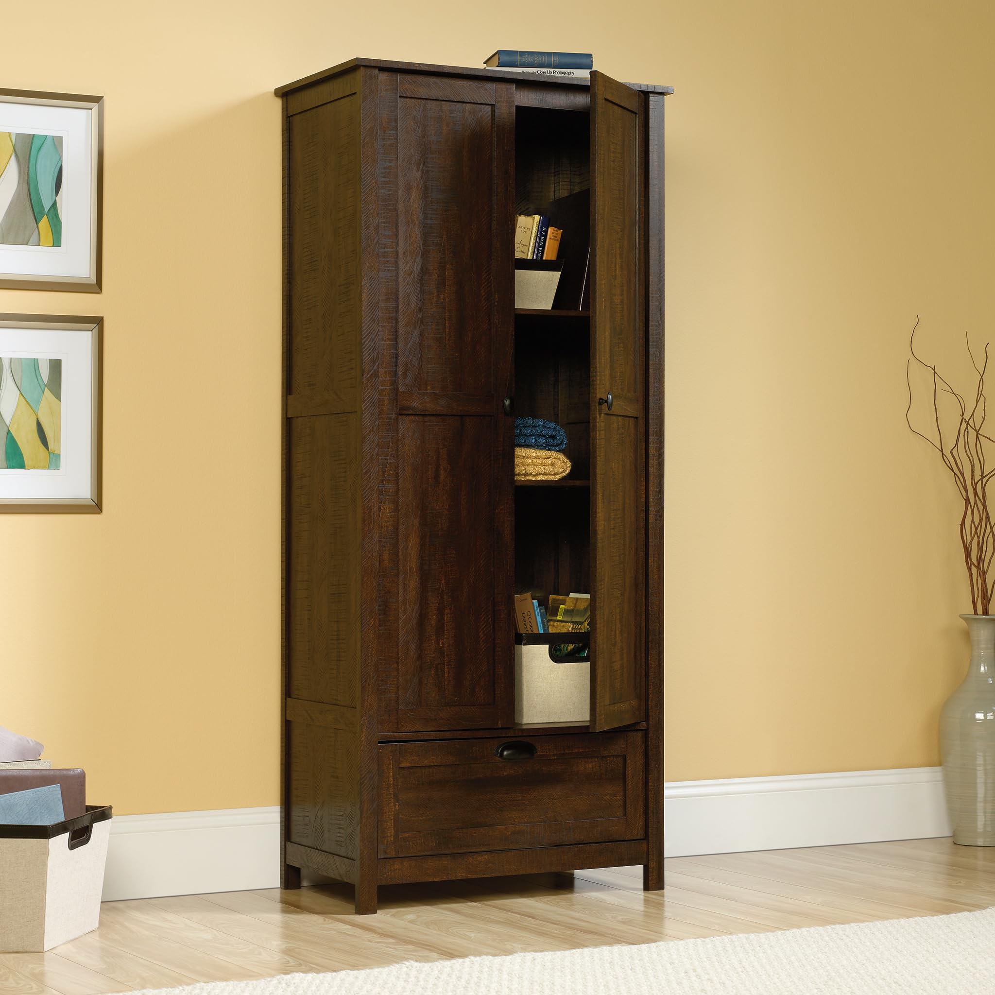 Sauder Rustic Walnut Storage Cabinet - Pantry Organizer for Kitchen, Bathroom & Office - Wooden Cupboard with Adjustable Shelves for Home Organization