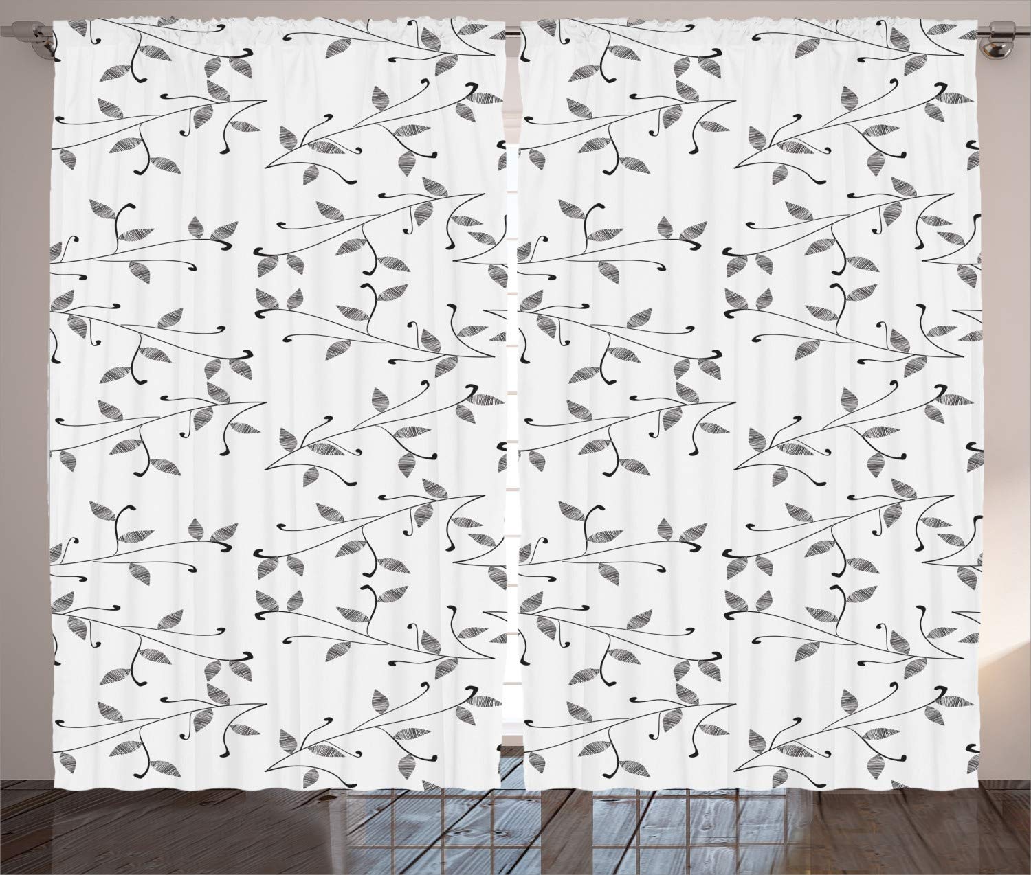 Ambesonne Leaf Curtains Set of 2 - Modern Minimalist Monochrome Leaf Pattern with Branch Design, Eco-Friendly Plant Themed Window Drapes for Living Room & Bedroom, 108