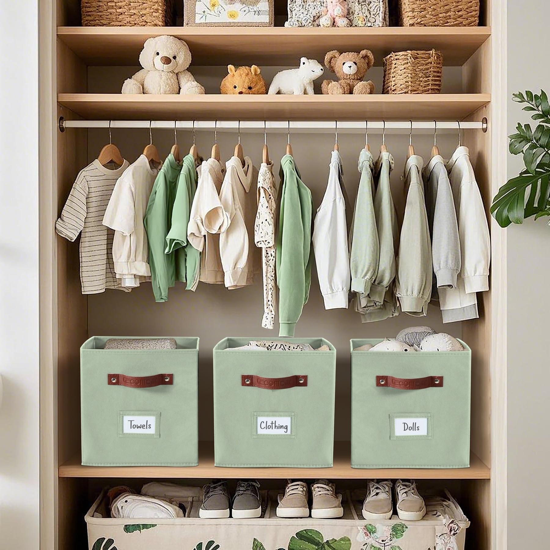 DECOMOMO Fabric Storage Bins 6-Pack, 10.5 x 11 Inch Cube Organizer Bins with Labels - Sage Green Closet & Shelf Organizers for Bedroom, Nursery, Office Storage Solutions
