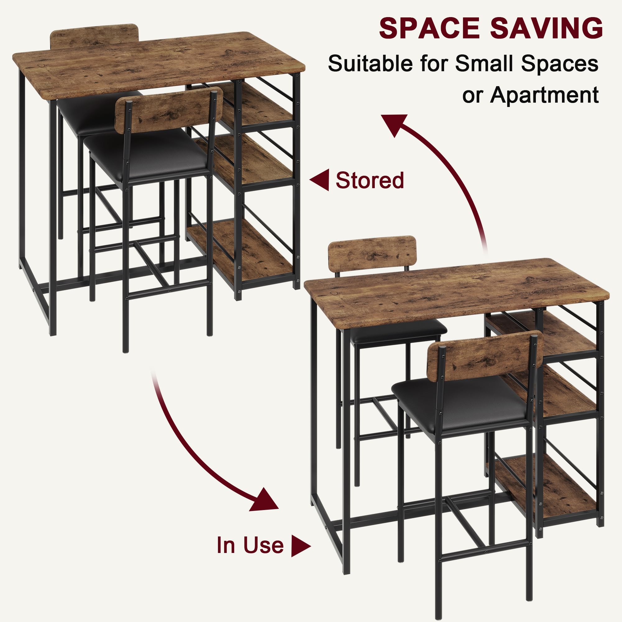Rustic Brown 3-Piece Counter Height Kitchen Table Set with 3 Storage Shelves & 2 Upholstered Bar Stools - Space Saving Dining Set for Small Apartments, Breakfast Nook, Kitchen Island or Compact Dining Areas