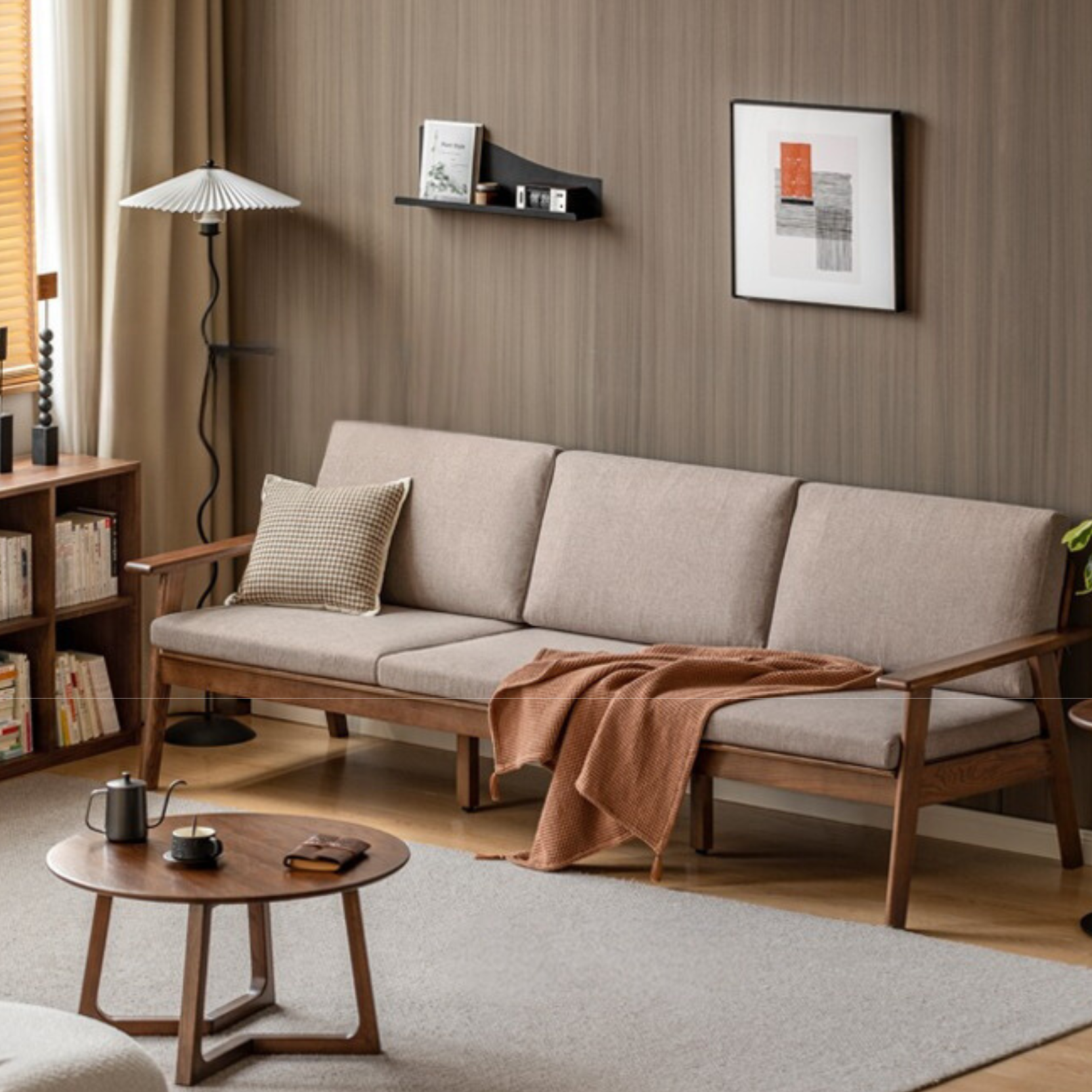 Solid Oak Wood Straight Sofa - 4 Fabric Color Options for Living Room, Office & Lounge Areas