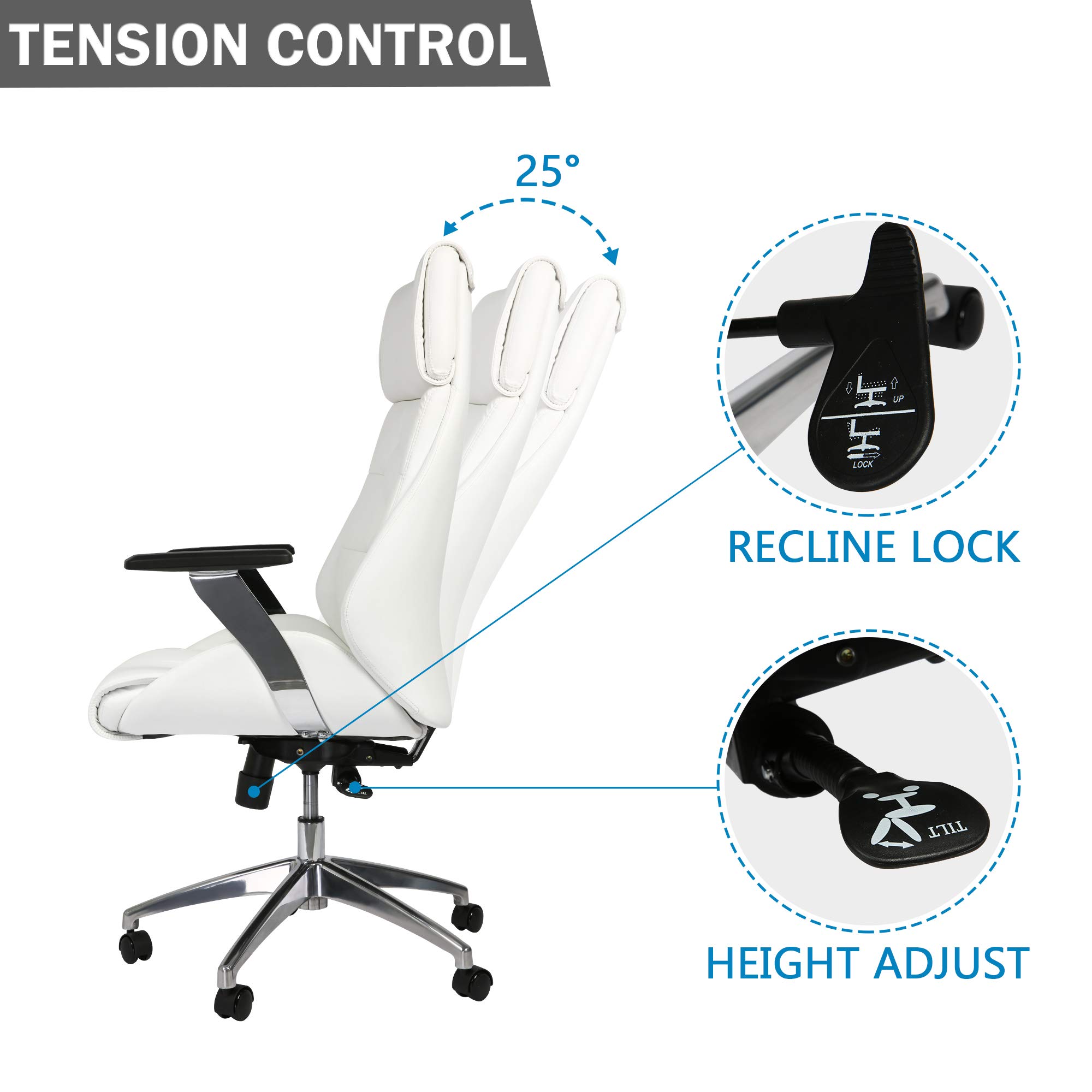 Premium Ergonomic Executive Office Chair - High Back Leather Adjustable Desk Chair with Headrest & Lumbar Support - Modern White Swivel Task Chair for Home & Office Workspaces - Ideal for Long Hours of Comfortable Sitting & Productivity
