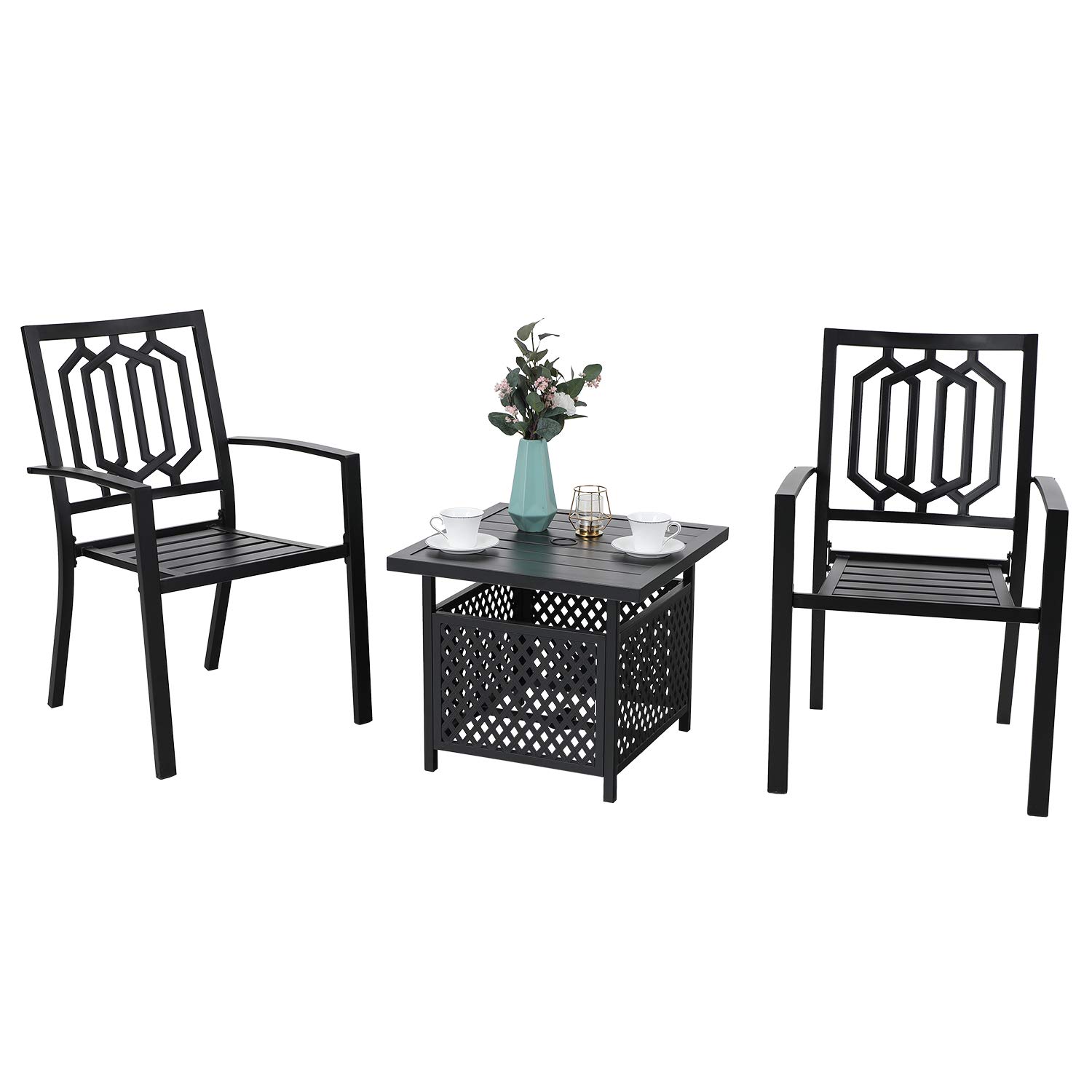 MFSTUDIO 3-Piece Steel Outdoor Bistro Set - 2 Chairs & 1 Square Table with Umbrella Hole - Black Patio Dining Furniture for Garden, Balcony, Backyard & Poolside
