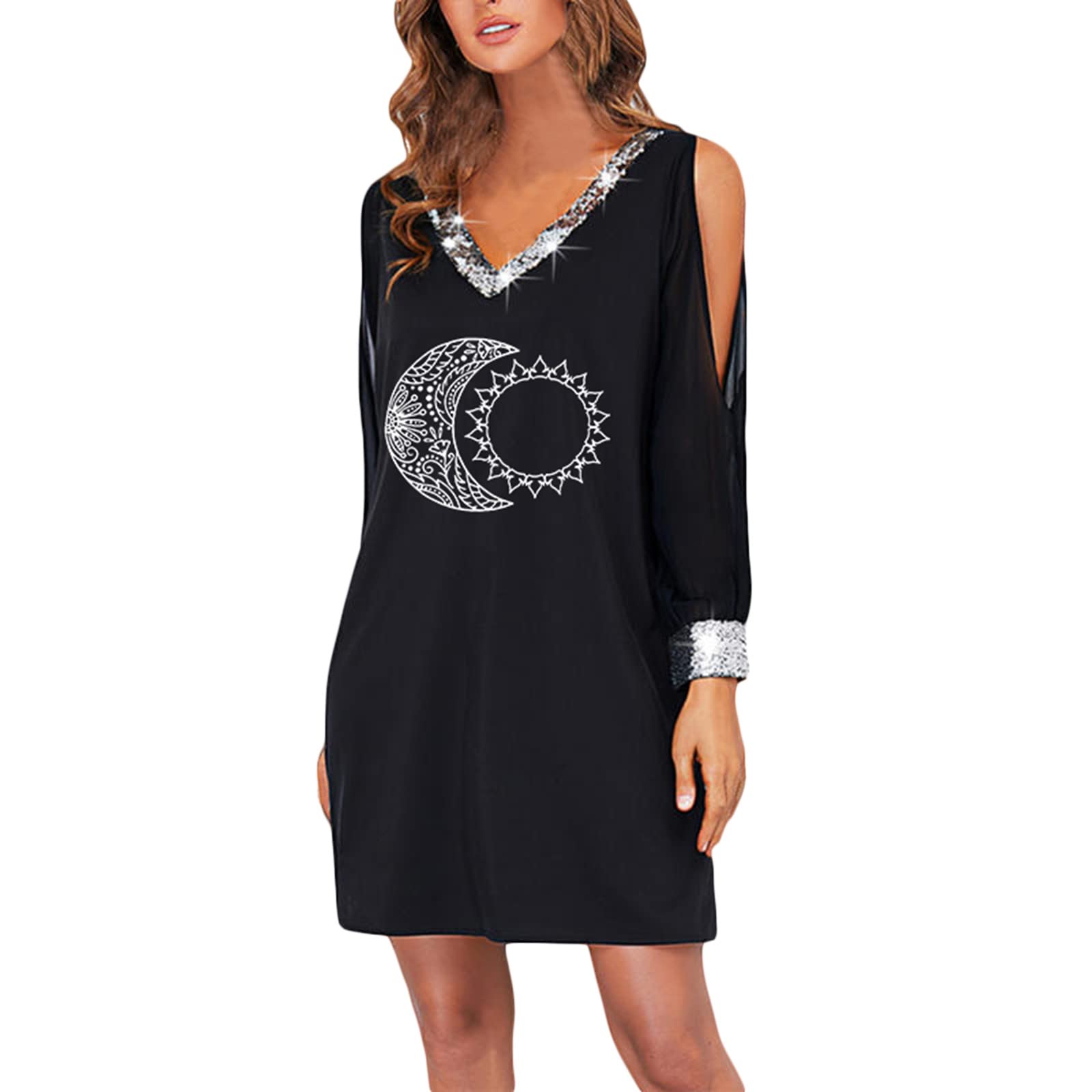 2022 Women's V-Neck Sequin Long Sleeve Printed T-Shirt Dress - Off Shoulder Sexy Elegant Midi Dress for Party, Date Night & Special Occasions
