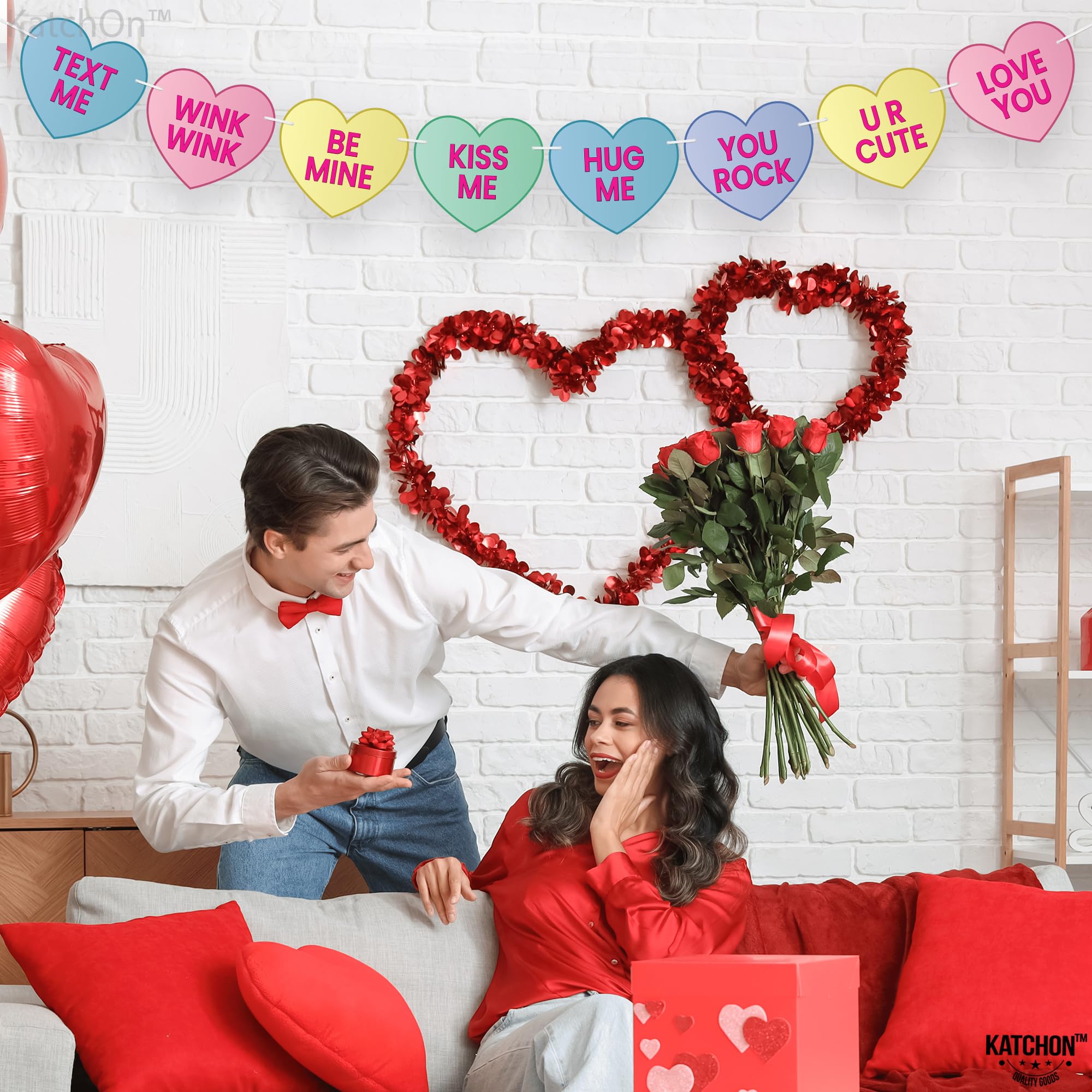 Katchon 10 Feet Large Conversation Hearts Decorations Banner - No DIY Heart Garland for Valentine's Day, Wedding, Party & Home Decor | Romantic Love Theme Party Supplies