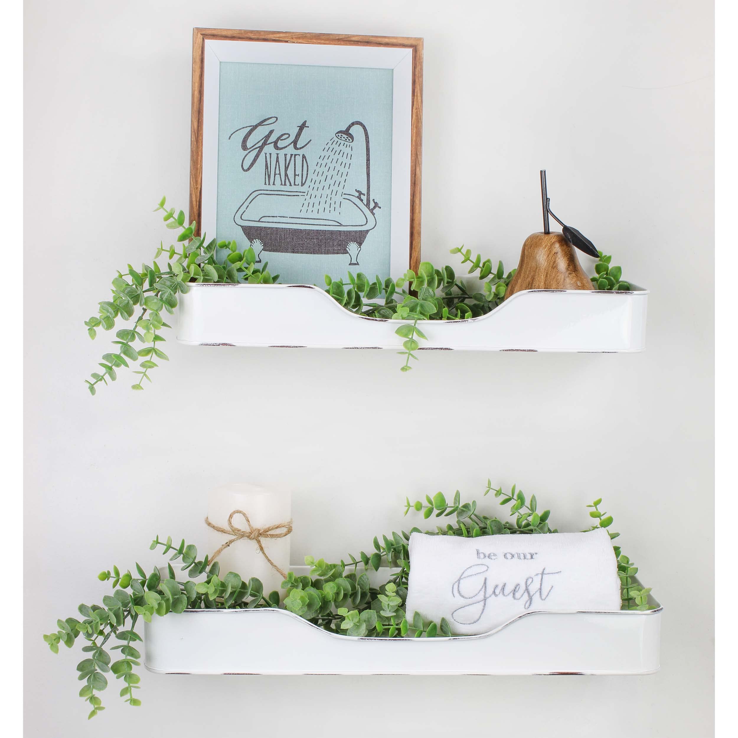 AuldHome 2-Pack Farmhouse Enamel Tray Shelves - Rustic Bathroom Wall Decor, White Enamelware Storage Shelves for Bathroom, Kitchen, or Bedroom Organization