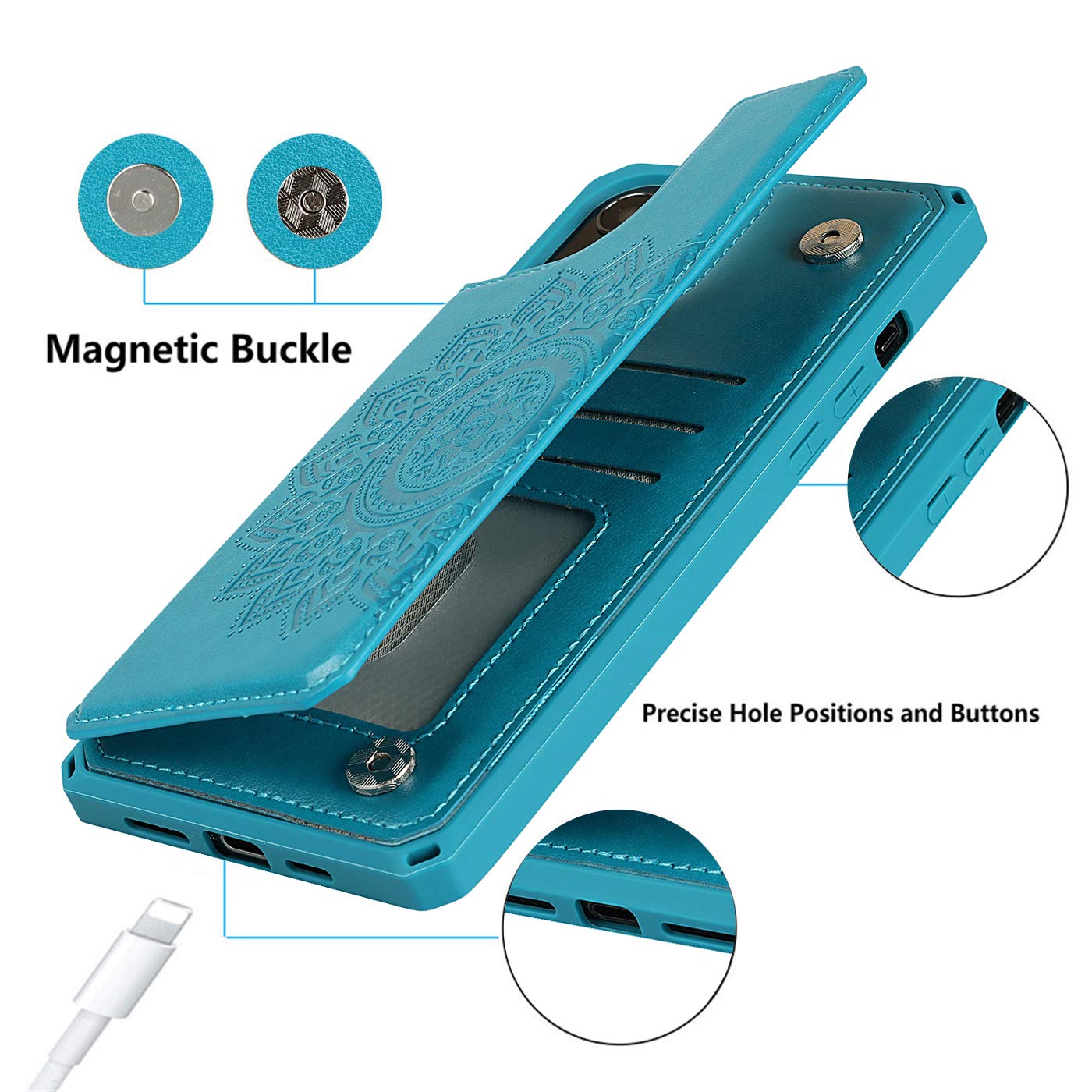 Premium PU Leather Mandala Flower Embossed iPhone 11 Pro Max Wallet Case with Card Holder - Shockproof Protective Phone Cover for Women & Men (Blue) - Perfect for Daily Use, Travel, and Business Meetings