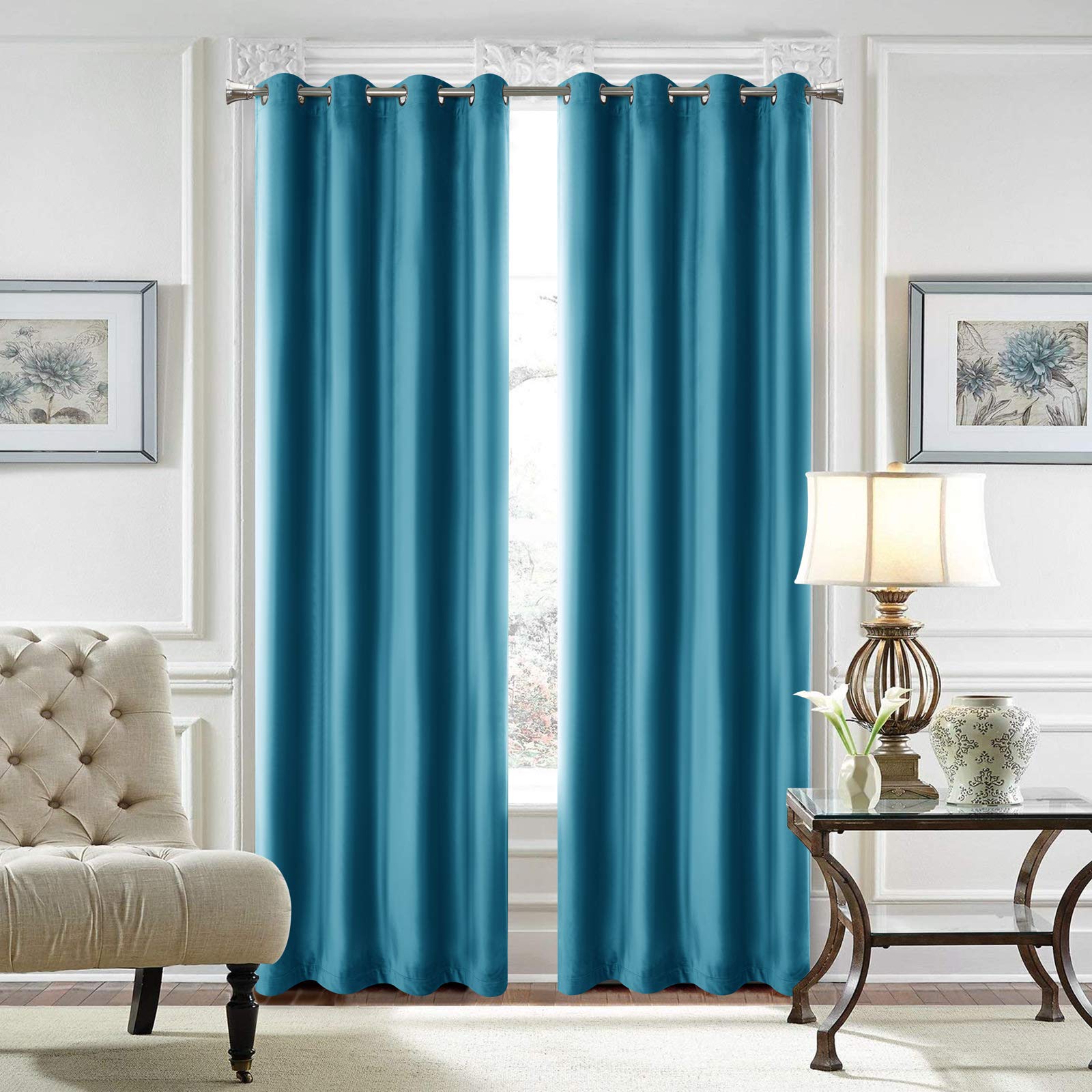 LOYOLADY 96 Inch Long Blue Velvet Curtains - 2 Panel Set, Thermal Insulated Room Darkening Window Drapes with Grommet Top (72