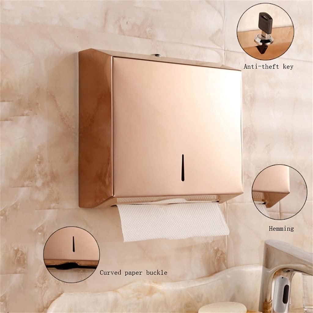Rose Gold Stainless Steel Commercial Paper Towel Dispenser - High Capacity Wall Mounted with Locking Mechanism for Bathroom, Hotel & Home Use - Durable & Stable for Heavy-Duty Towel Storage