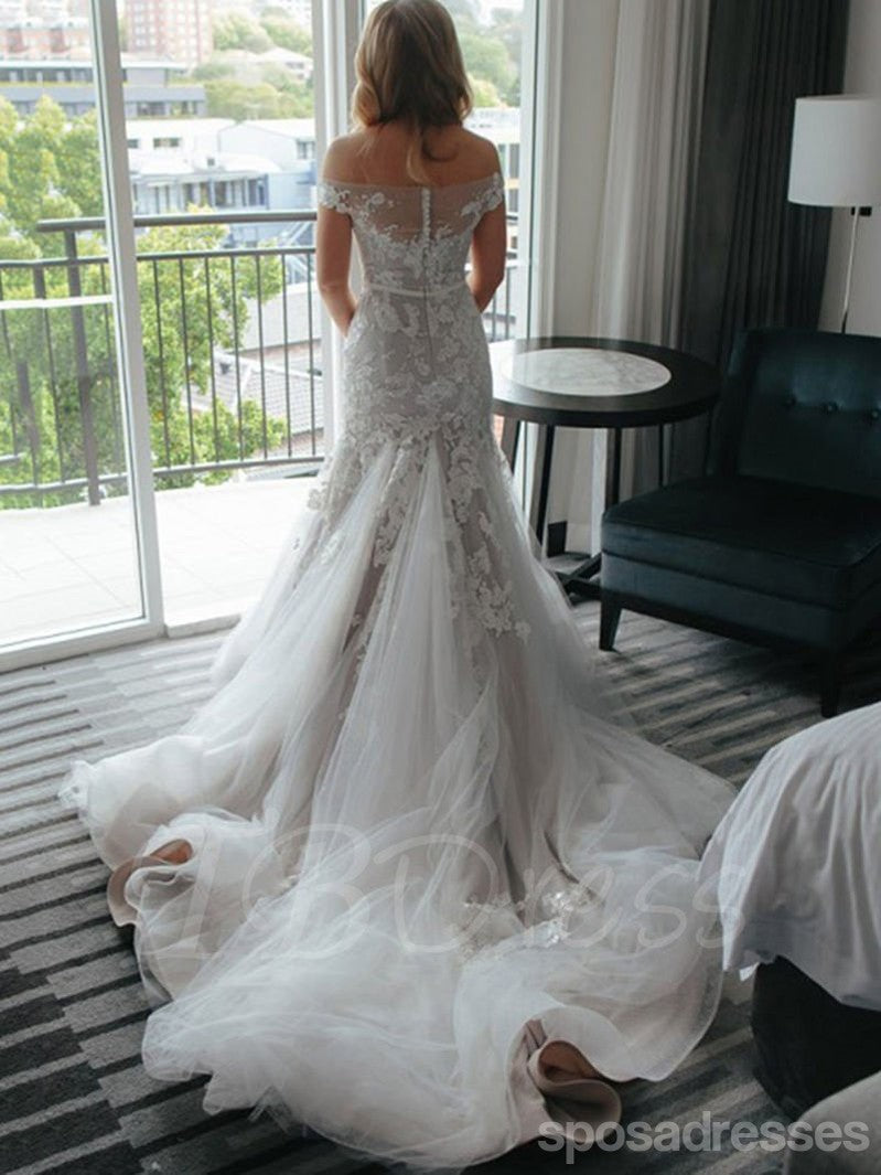 Elegant Off Shoulder Mermaid Lace Wedding Dress - A-Line Bridal Gown with Beading Detail (WD446) | Perfect for Beach Weddings, Vow Renewals & Romantic Photoshoots