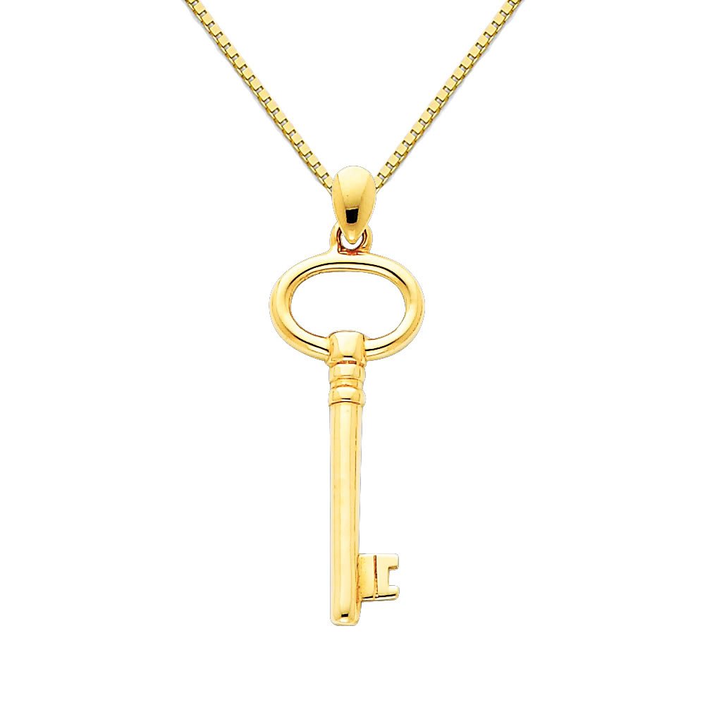 14k Yellow Gold Key to My Heart Charm Pendant with 0.8mm Box Link Chain Necklace - Romantic Gift for Her, Anniversary, Valentine's Day & Special Occasions