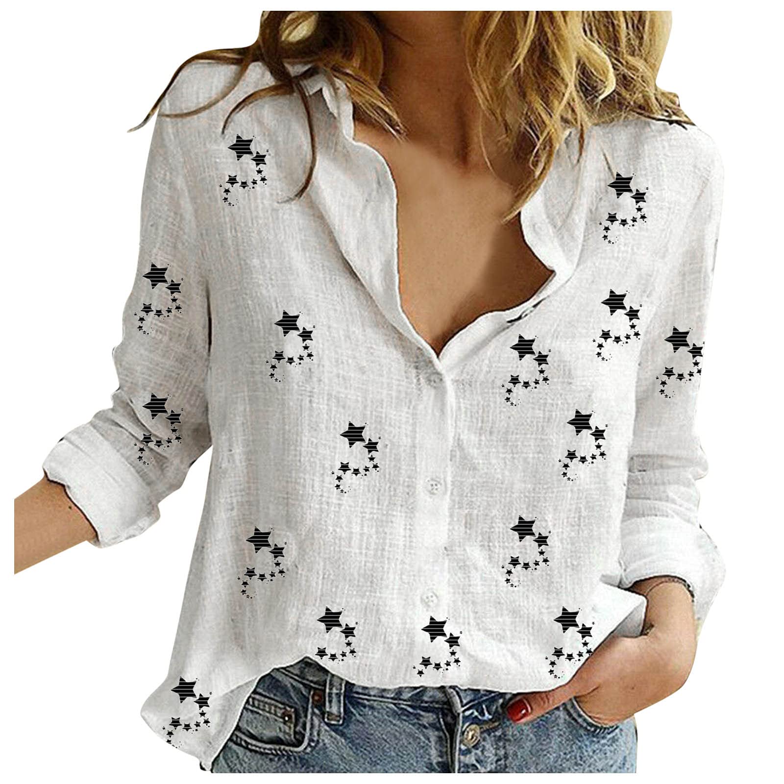 Vacger Women's Star Print Lapel Button Shirt - Long Sleeve Loose Casual Blouse for Women | Office Wear, Daily Outfits & Weekend Style