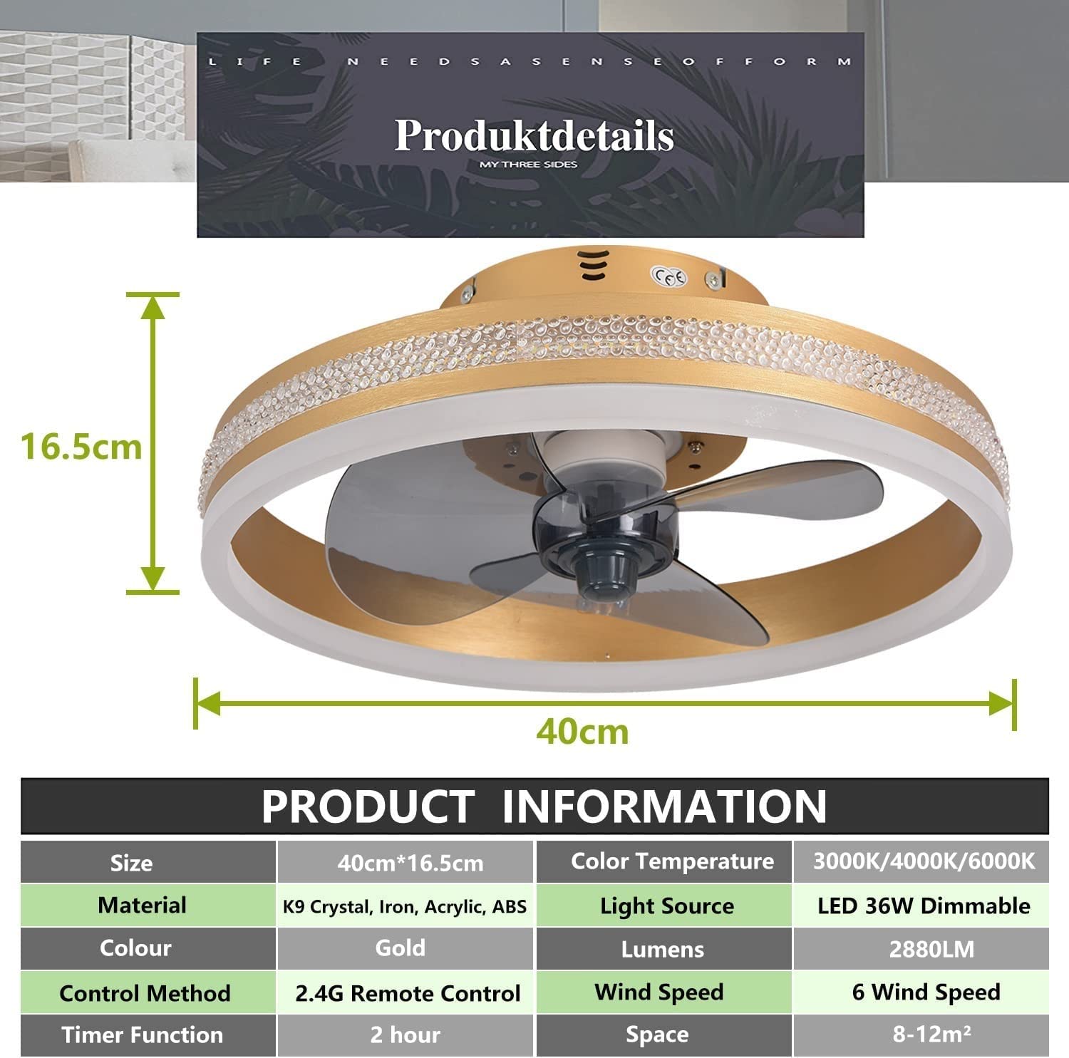 Modern LED Dimmable Ceiling Fan with Light - Remote Control & Timer Function - Gold/Black Finish - Perfect for Living Room, Bedroom, Kitchen & Dining Room - Energy Efficient Cooling & Ambient Lighting Solution