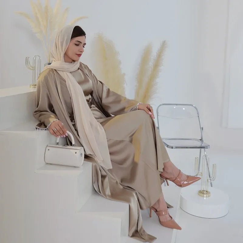 Elegant Muslim Women's Beaded Sleeve Satin Cardigan Open Abaya Dress for Eid, Wedding, Party & Special Occasions - Perfect for Islamic Celebrations, Festivals and Formal Events