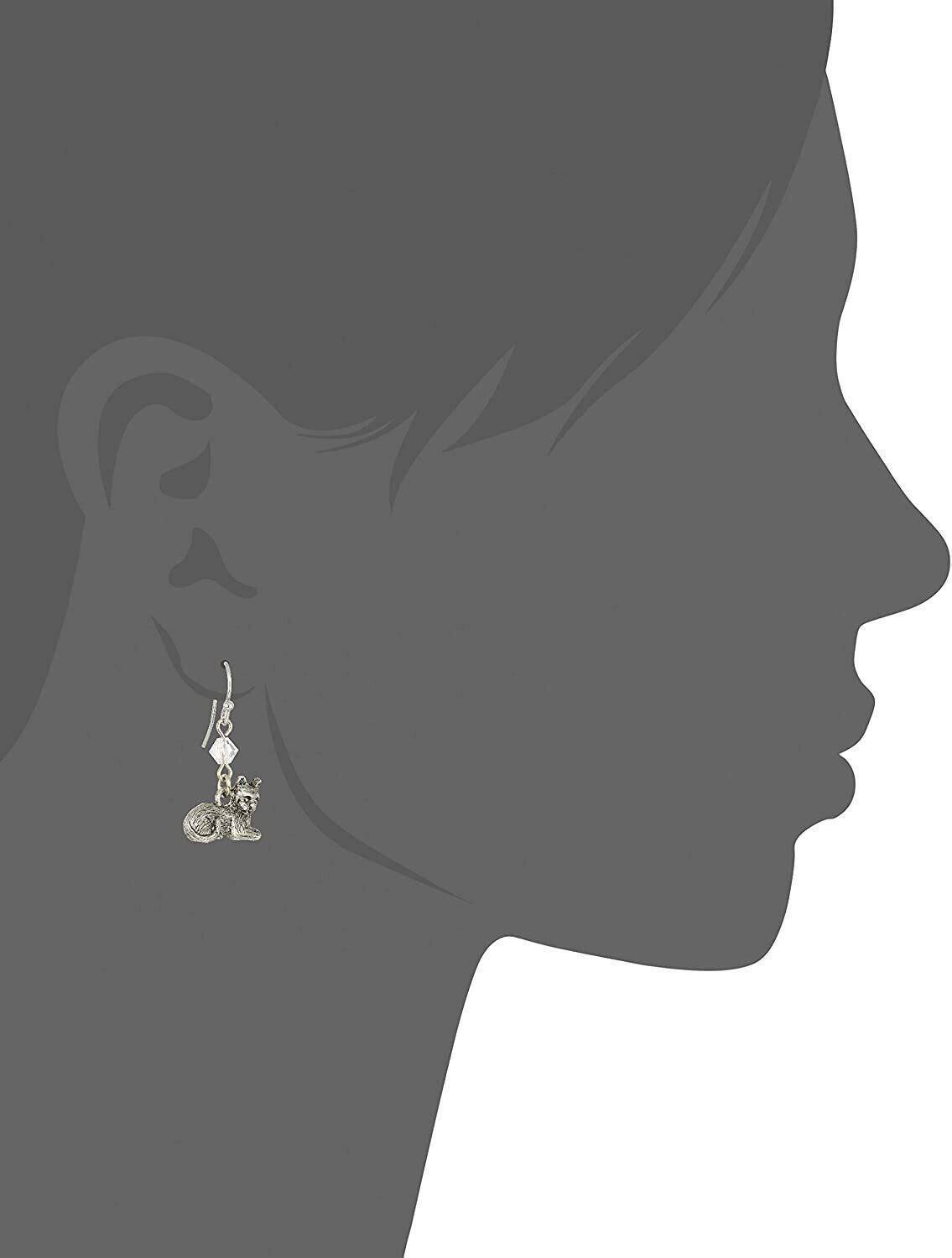 1928 Jewelry Pewter Cat & Austrian Crystal Bead Wire Earrings - Elegant Dangle Earrings for Women, Perfect for Parties, Weddings & Special Occasions