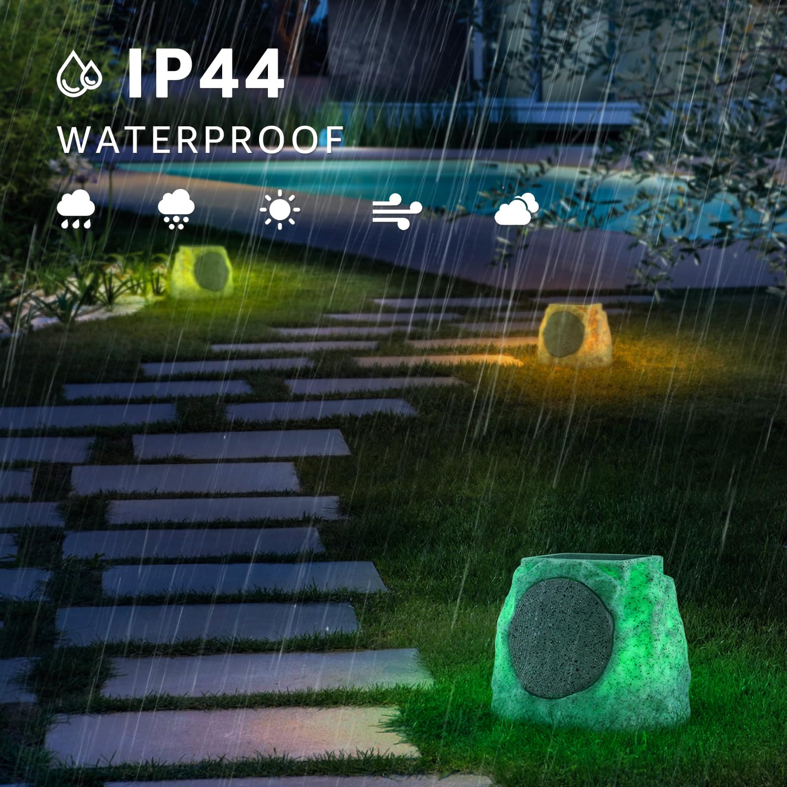 Outdoor Rock Speakers 2 Pack - Solar Powered, Waterproof, Wireless Bluetooth Portable Speakers with RGB Lights for Patio, Pool, Deck, Yard & Garden - Perfect for Outdoor Parties, BBQs & Backyard Entertainment