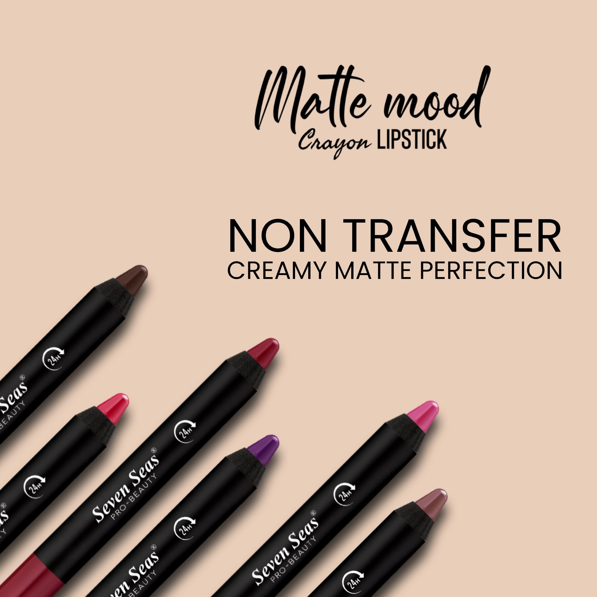 Seven Seas Color It All Non-Transfer Lip Crayon Lipstick with Sharpener - Matte Finish, Long Lasting & Smudge Proof Lipstick for Women | Perfect for Everyday Wear, Date Nights & Special Occasions (Pink Mousse)