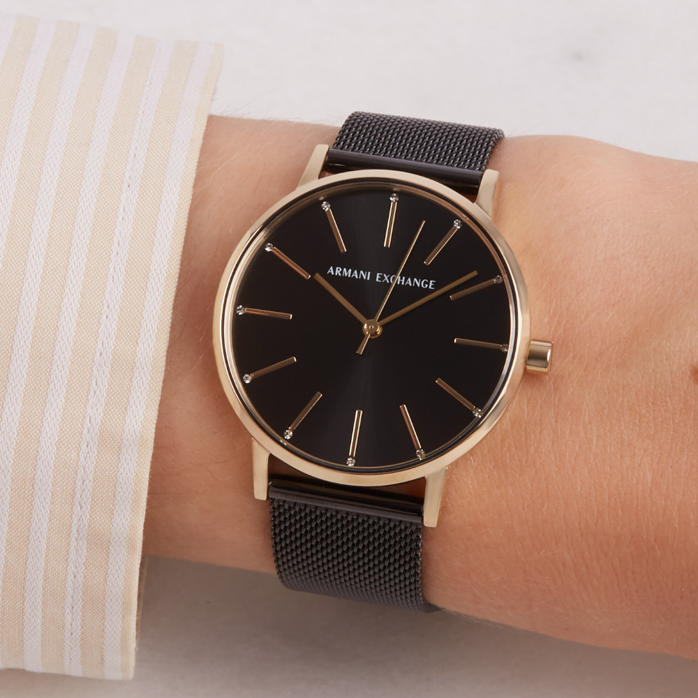 ARMANI EXCHANGE AX5548 Women's Watch - Gold Stainless Steel Case with Black Mesh Strap, Analog Quartz Movement | Perfect for Office, Party & Everyday Wear