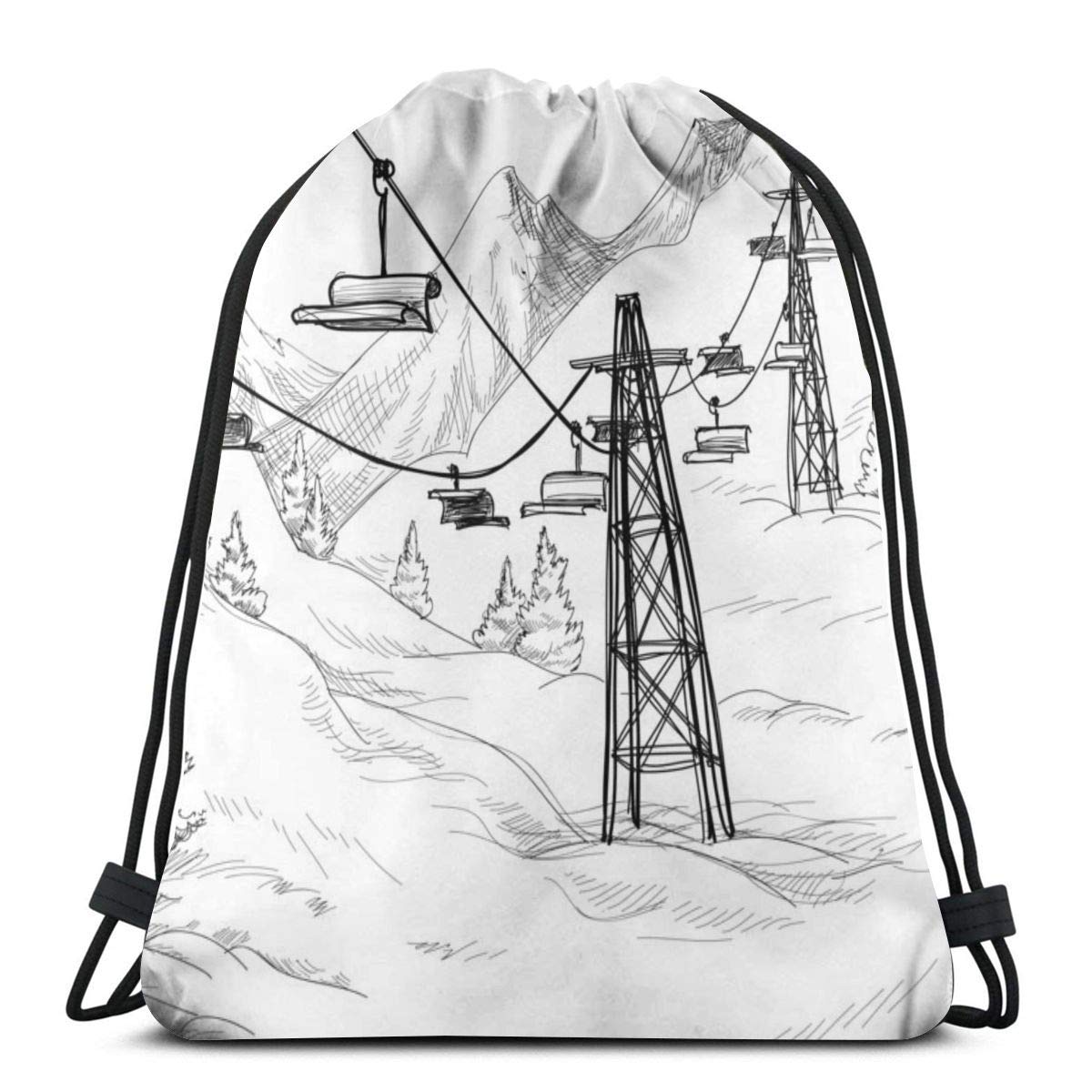 Monochrome Ski Lift with Fir Trees Sketch - Packable Drawstring Sackpack Backpack for Men & Women (17x14 Inch) - Perfect for Gym, Sports & Winter Holiday Travel