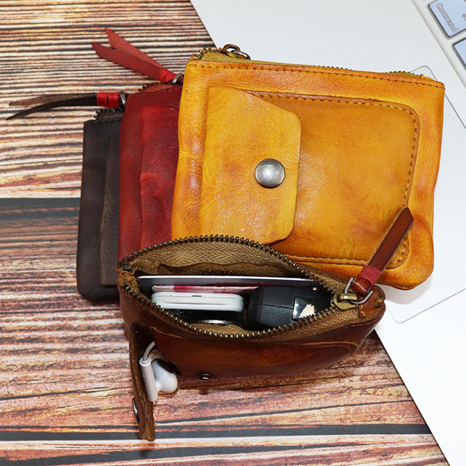 Genuine Leather Zipper Coin Purse for Men & Women - Vintage Mini Coin Wallet with Zipper Closure - Small Leather Change Pouch Holder (Yellow Brown) - Perfect for Organizing Coins, Keys & Small Essentials On-the-Go