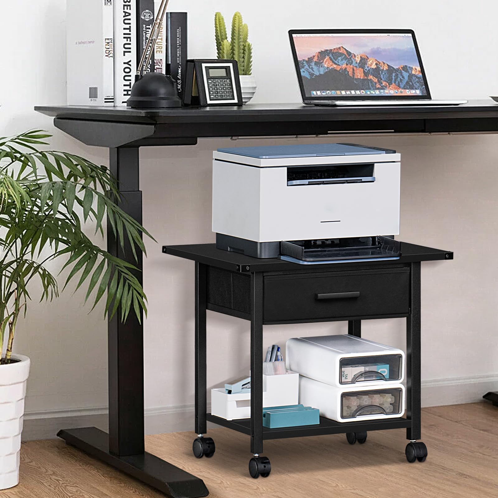 Lerliuo Under Desk Rolling Printer Stand with Drawer - 2-Tier Industrial Mobile Printer Cart with Storage Shelf & Steel Frame - Lockable Wheels for Home & Office (Black) | Perfect for Compact Spaces, Document Organization & Workspace Efficiency