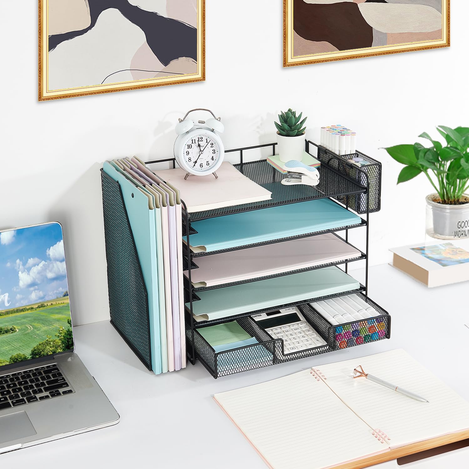 Youbetia 5-Tier Mesh Paper Tray Organizer with File Holder & Pen Storage - Black Desk Organizer for Office Supplies, Workspace Accessories | Perfect for Home Office, School Desk & Workplace Organization