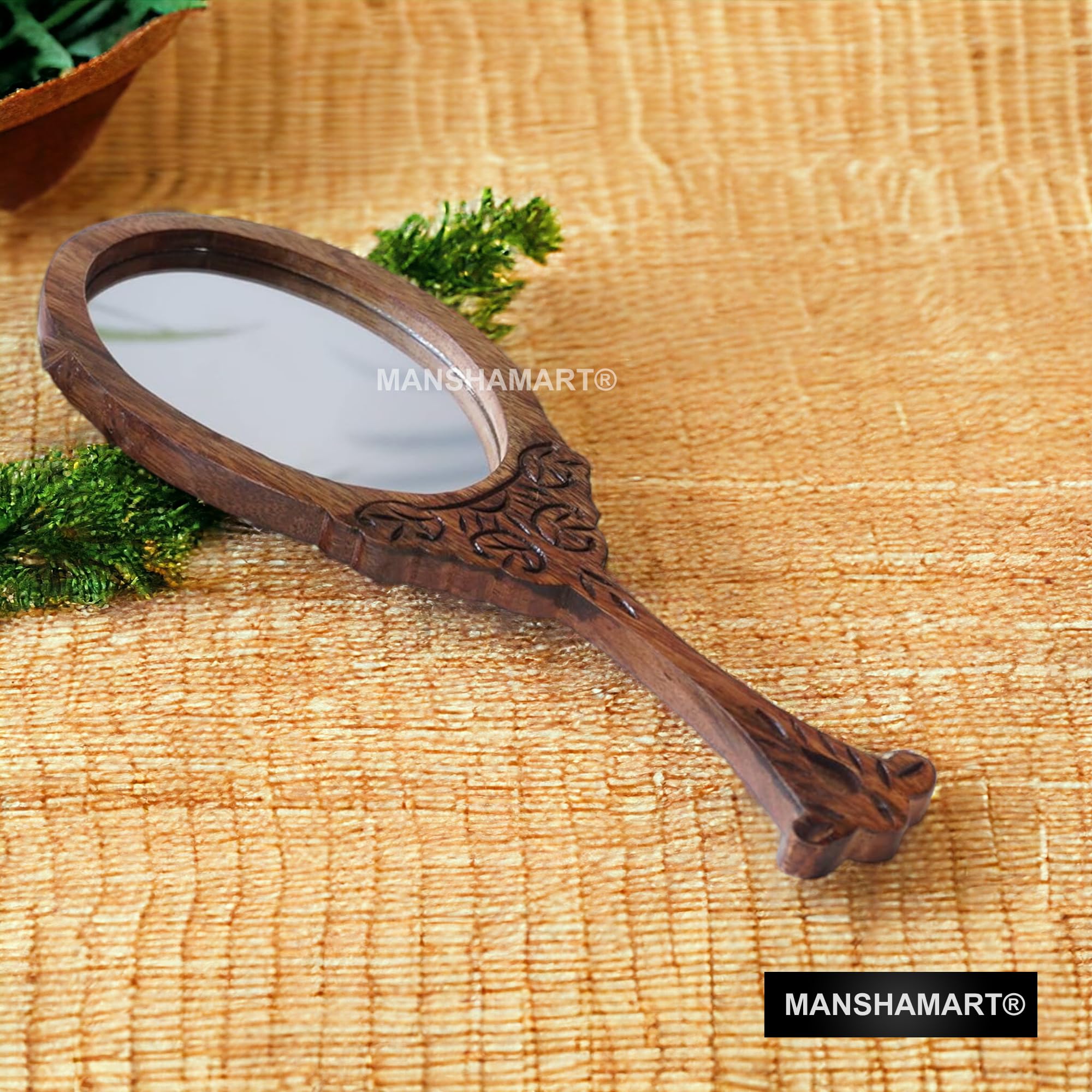 MANSHAMART® Wooden Handheld Mirror - Oval Shaped Decorative Makeup Mirror for Vanity, Dressing Table & Wall Mount | Elegant Home Decor & Travel Essential