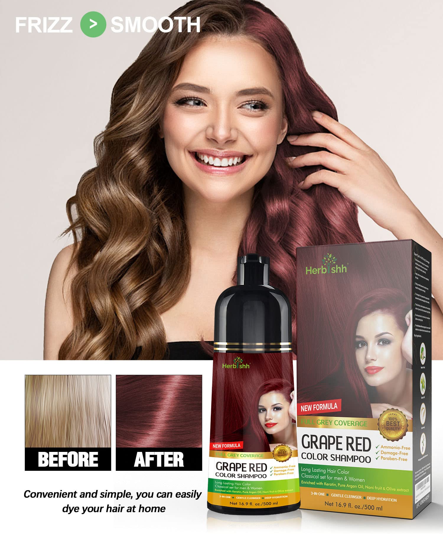 Herbishh Grape Red Hair Color Shampoo for Gray Hair - 500ml + Curly Hair Shampoo & Conditioner Set | Natural Hair Dye & Moisturizing Care for Women & Men | Perfect for Home Use & Salon Styling