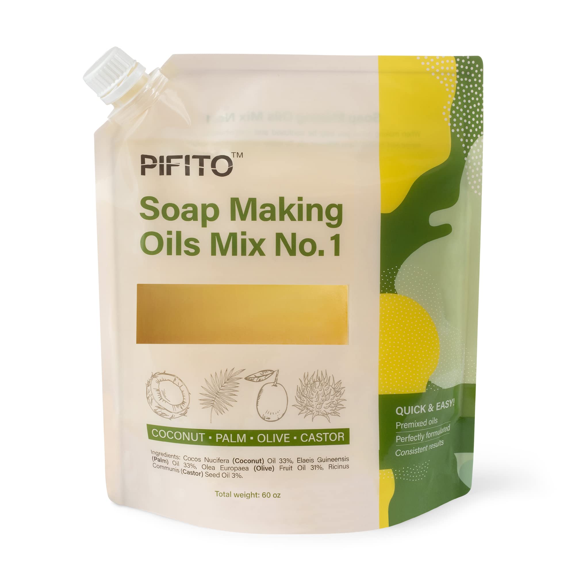 Pifito Soap Making Oil Blend No.1 - 60oz Pre-Measured Cold Process Soap Making Kit with Premium Oils | Perfect for DIY Handmade Soaps, Bath Bombs & Skincare Products at Home
