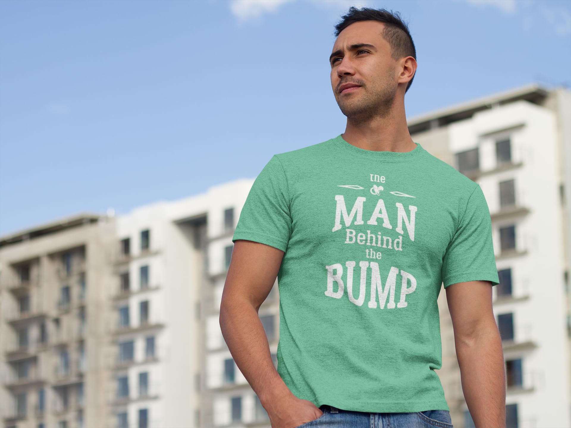 Pop Threads 'The Man Behind The Bump' Funny Dad Graphic T-Shirt for Men - Perfect Father's Day Gift & Pregnancy Announcement Tee for Expecting Dads