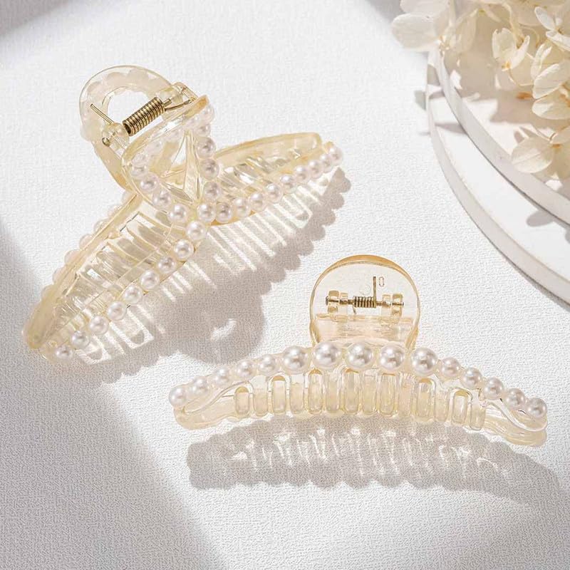 FAMEZA 2 Pack Transparent Banana Jaw Hair Clips - Pearl Hair Claw Barrette for Women & Girls, Strong Hold Hair Clamps for Ponytails, Buns & Updos - Fashion Hair Accessories (Pack of 2)