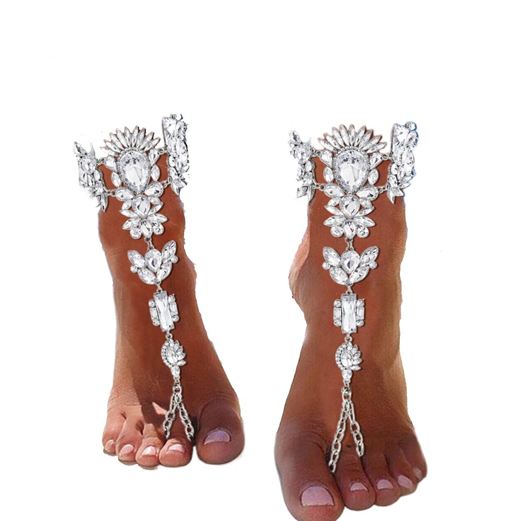 Sparkling Rhinestone Barefoot Sandals - Gold Crystal Pearl Anklet Foot Chain Jewelry for Women | Beach Wedding Party Accessories Boho Summer Fashion