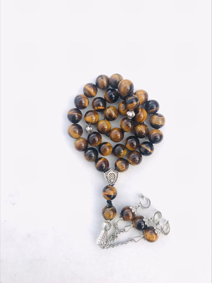 Tiger Eye Stone Tasbih 33 Beads - Medium Size Islamic Prayer Beads for Meditation & Stress Relief | Spiritual Gift for Muslims, Yoga & Mindfulness Practice