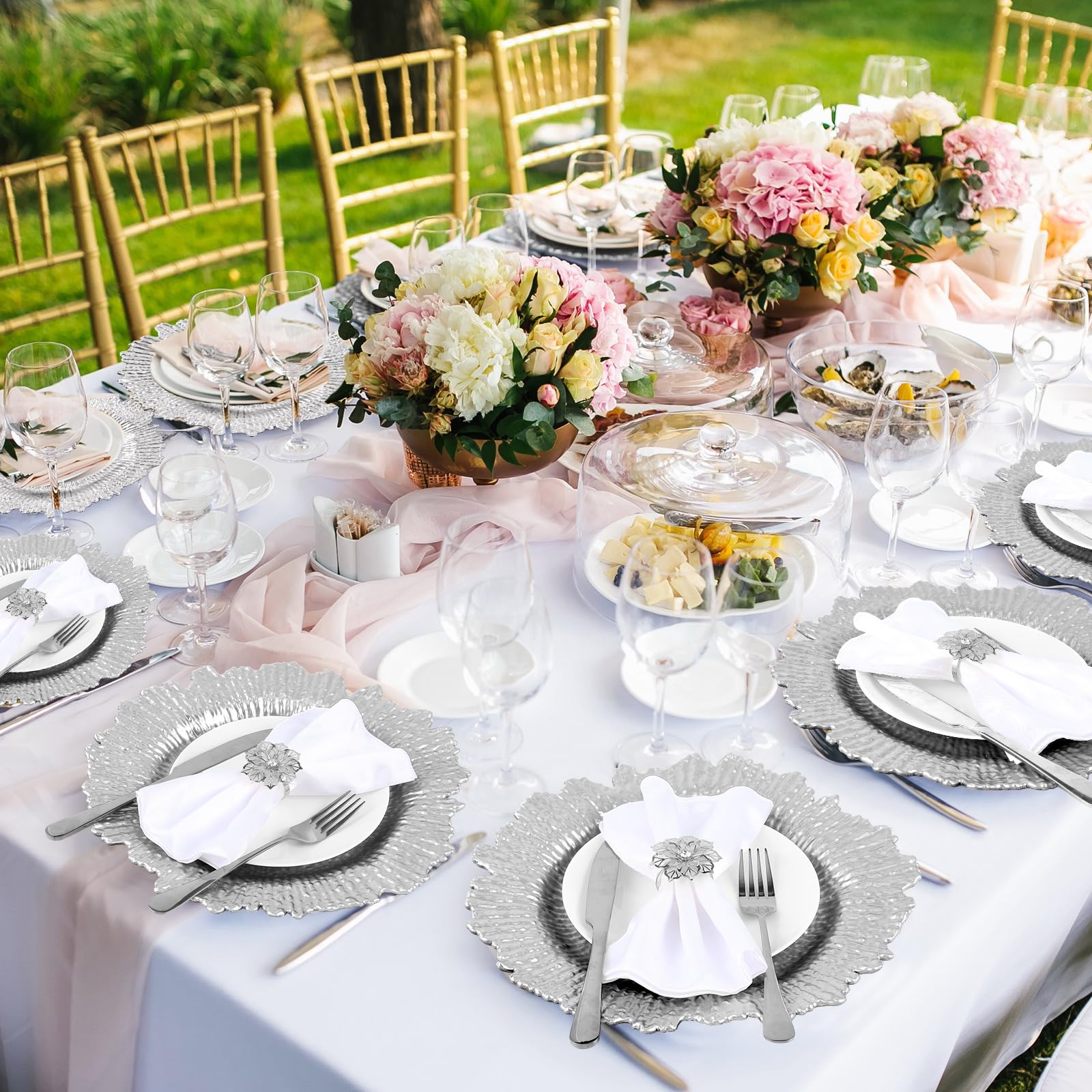 Dandat 50-Piece Silver Charger Plate Set with Floral Napkin Rings - 13 Inch Round Matte Plastic Dinner Plates for Wedding, Party & Table Decor - Elegant Hollow-Out Design for Formal Dining & Special Occasions