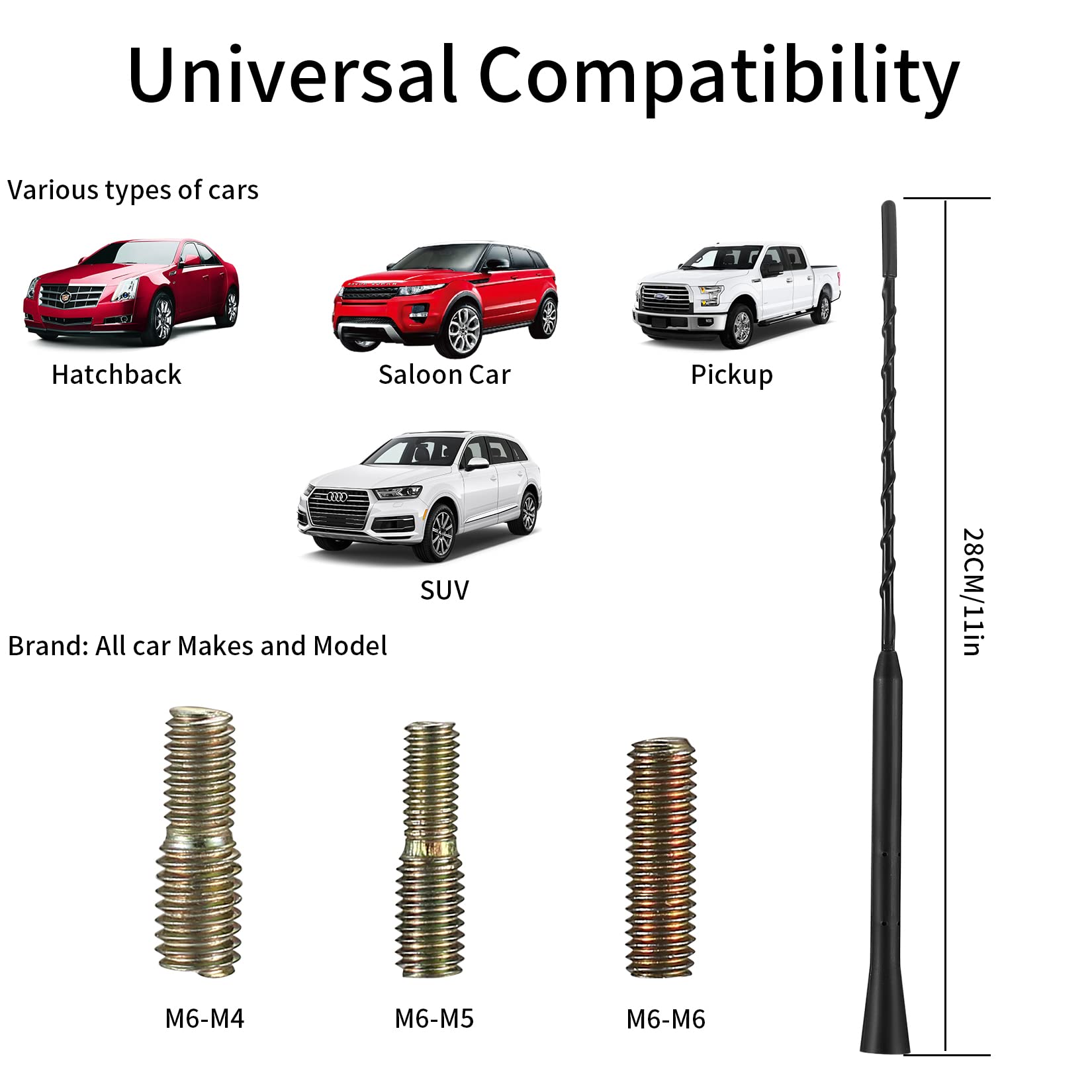 Universal 28cm Car Aerial AM FM Antenna with M4/M5/M6 Thread - Roof Mount Radio Antenna Replacement for Enhanced AM/FM Reception - Perfect for Cars, Trucks & SUVs