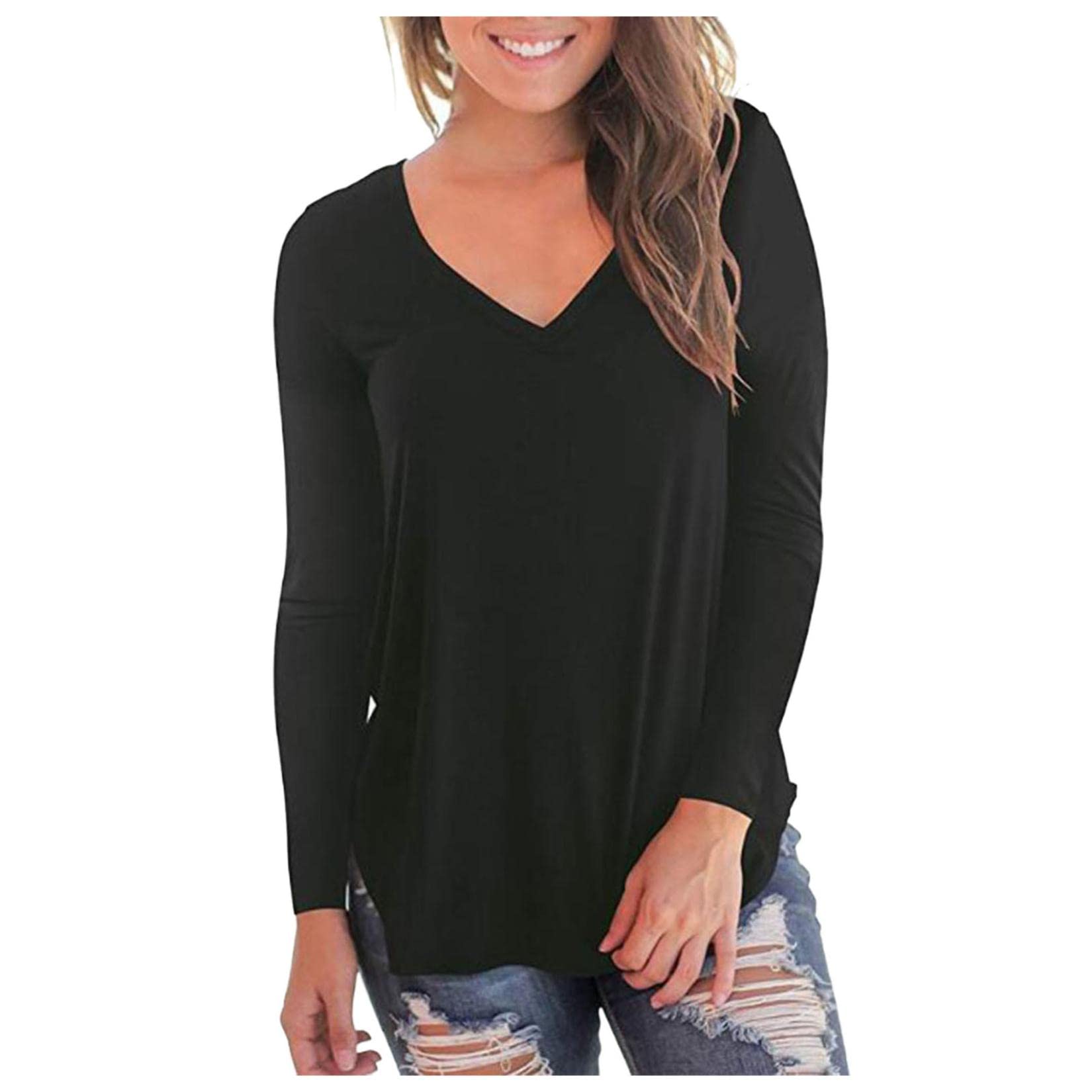 Women's Casual Long Sleeve V-Neck T-Shirt - Soft Solid Color Basic Tee for Everyday Wear | Perfect for Work, Weekend & Layering