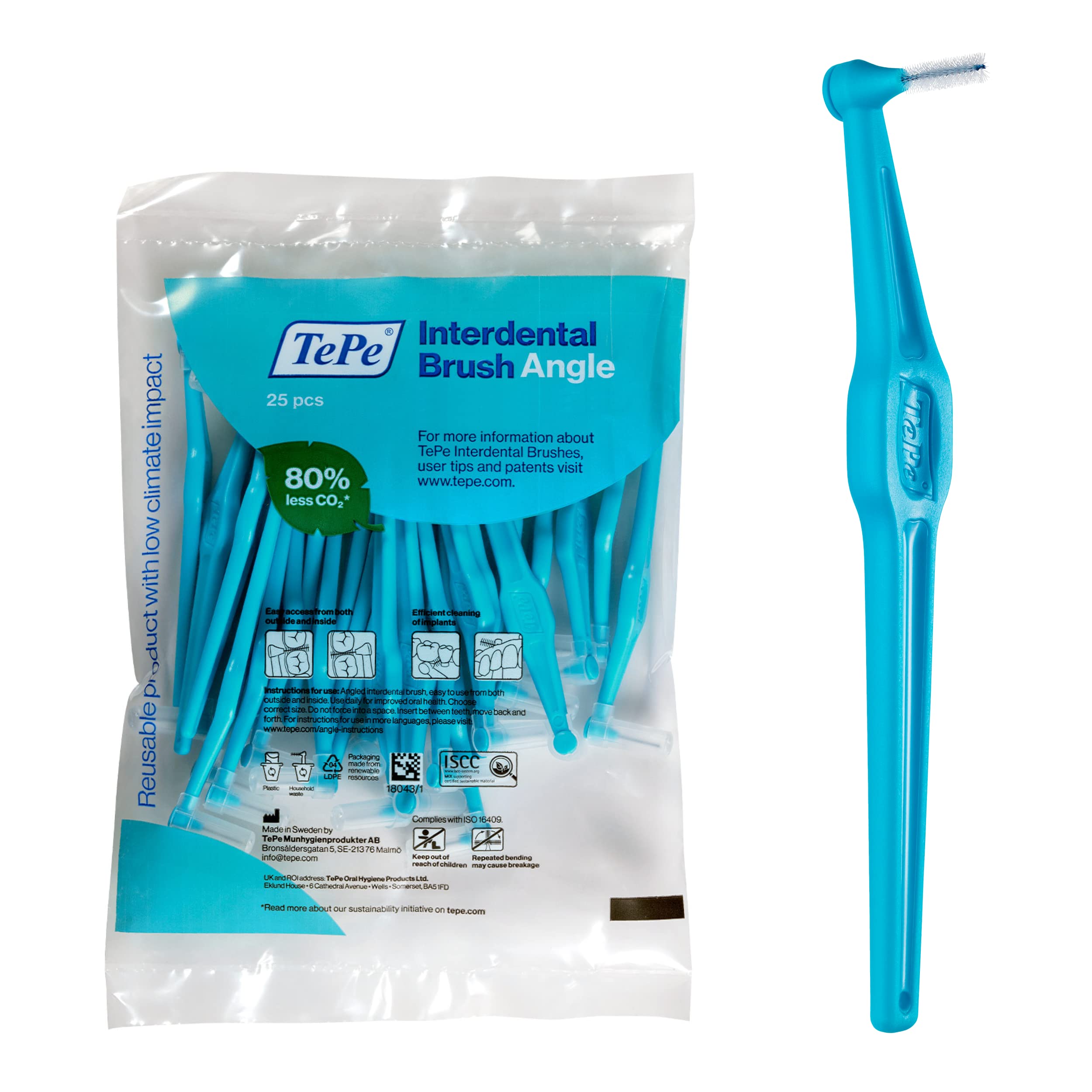 TePe Angled Interdental Brush - Pack of 25, Size 3 (0.6mm) for Medium Gaps - Blue Dental Cleaning Brushes for Teeth & Braces - Perfect for Oral Hygiene, Gum Care and Hard-to-Reach Areas