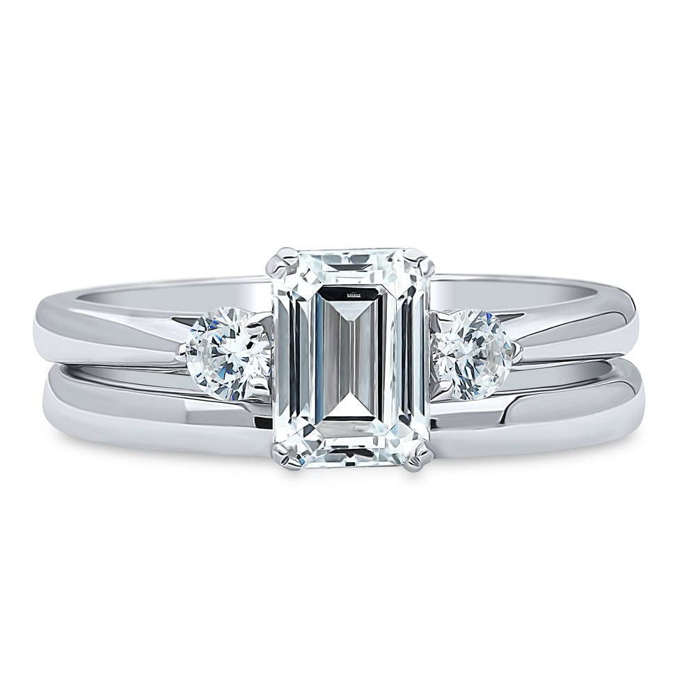 BERRICLE Sterling Silver 3-Stone Wedding & Engagement Ring Set - 1 Carat Emerald Cut Cubic Zirconia CZ for Women, Rhodium Plated Size 4-10 - Perfect for Proposals, Anniversaries & Special Occasions
