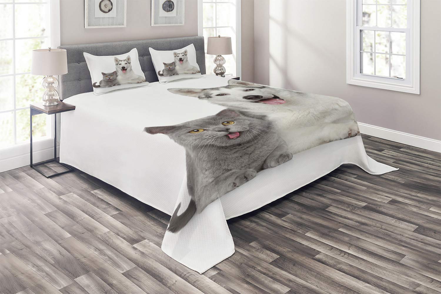 Ambesonne King Size 3-Piece Quilted Bedspread Set with 2 Pillow Shams - Grey & White Cat & Dog Animal Print Design - Soft Decorative Coverlet for Master Bedroom, Guest Room, or Dorm