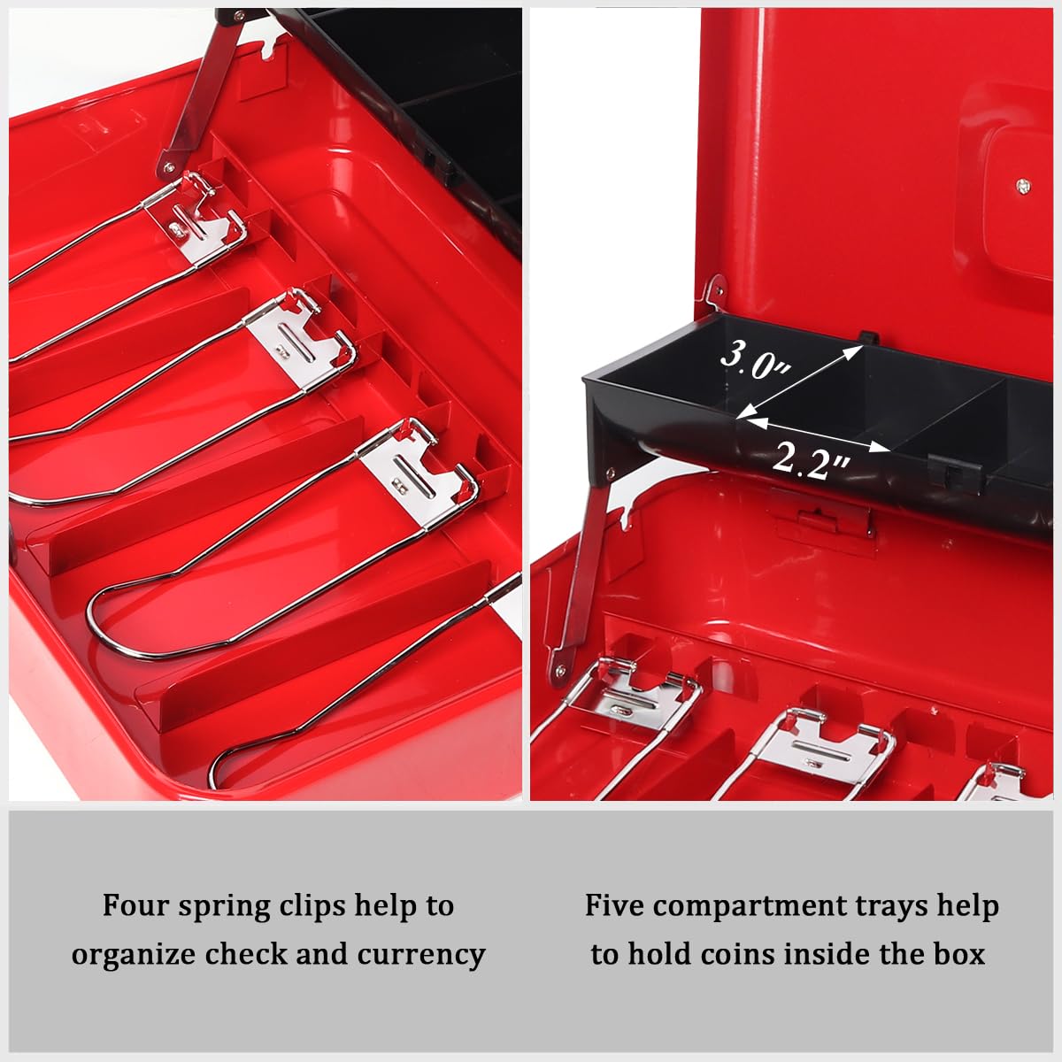 Jssmst Large Locking Cash Box with Money Tray & Security Cable - Heavy Duty Metal Money Box with Key Lock (Red) - Perfect for Home, Office, Retail Stores & Small Business Cash Management