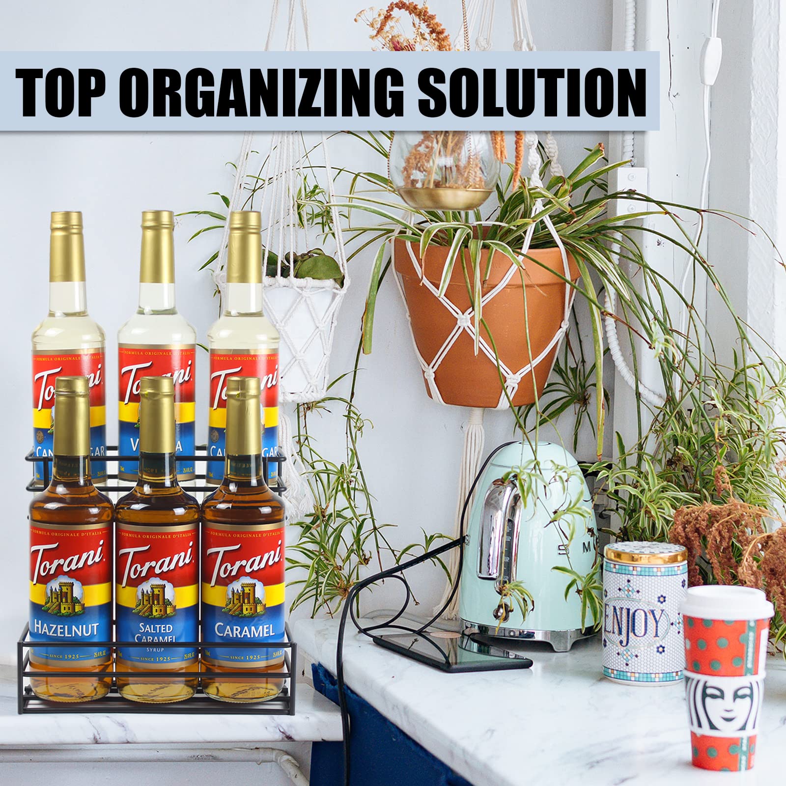 6-Bottle Coffee Syrup Organizer & Wine Rack - Space-Saving Storage for Coffee Bars, Kitchens & Home Bars - Perfect for Syrups, Wines & Salad Dressings (Ideal for Small Spaces & Entertaining)
