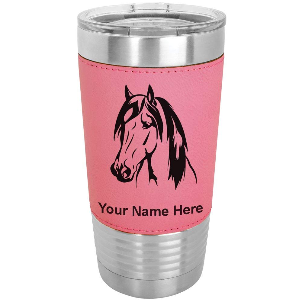 **20oz Vacuum Insulated Tumbler Mug with LaserGram Horse Head Design - Personalized Engraving, Faux Leather Handle, Pink - Perfect for Coffee, Tea & Cold Drinks at Home, Office or Travel**