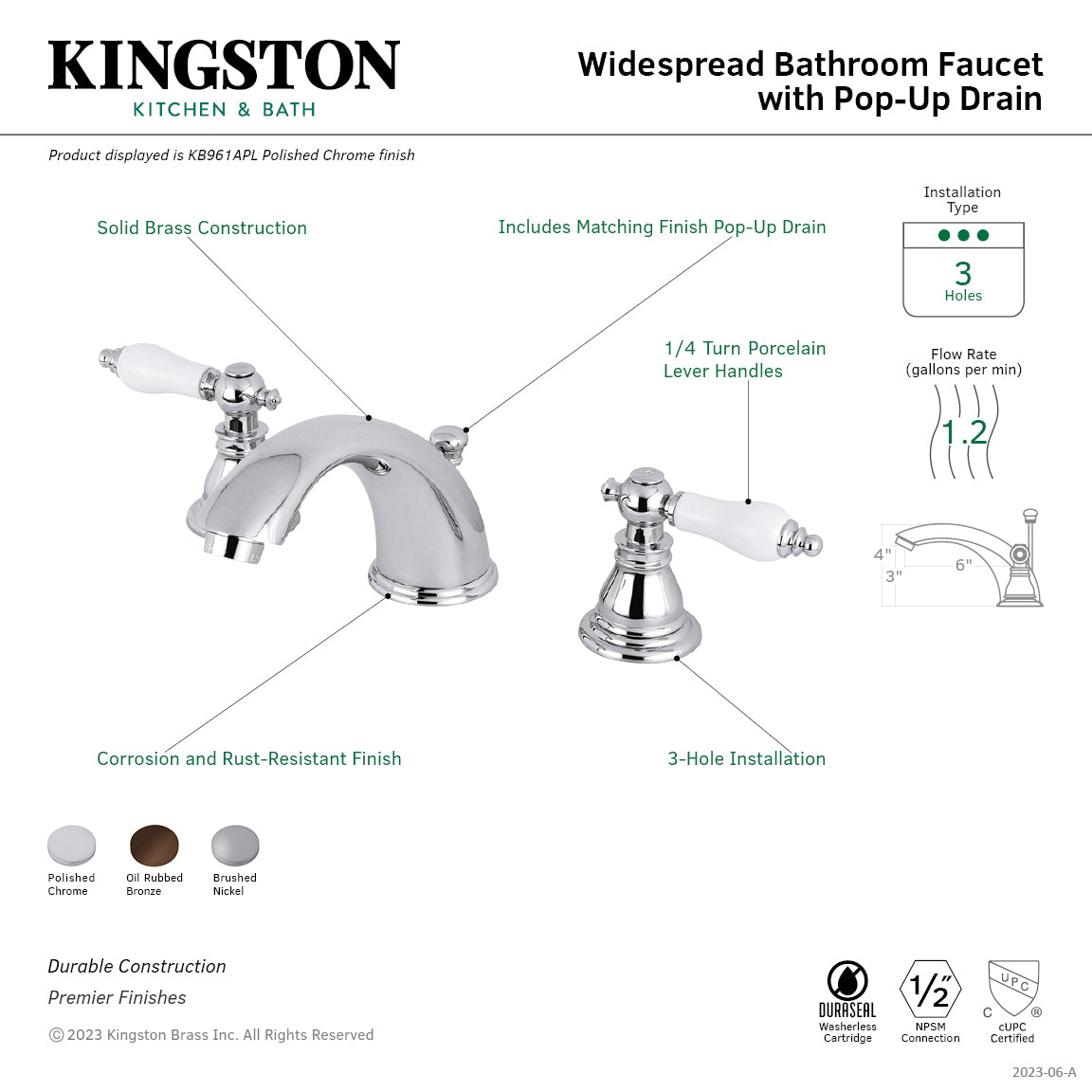 American Patriot KB965APL Oil Rubbed Bronze Widespread Bathroom Faucet - 2 Handle 3 Hole Deck Mount with Pop Up Drain - Perfect for Modern Bathroom Renovations and Vanity Upgrades