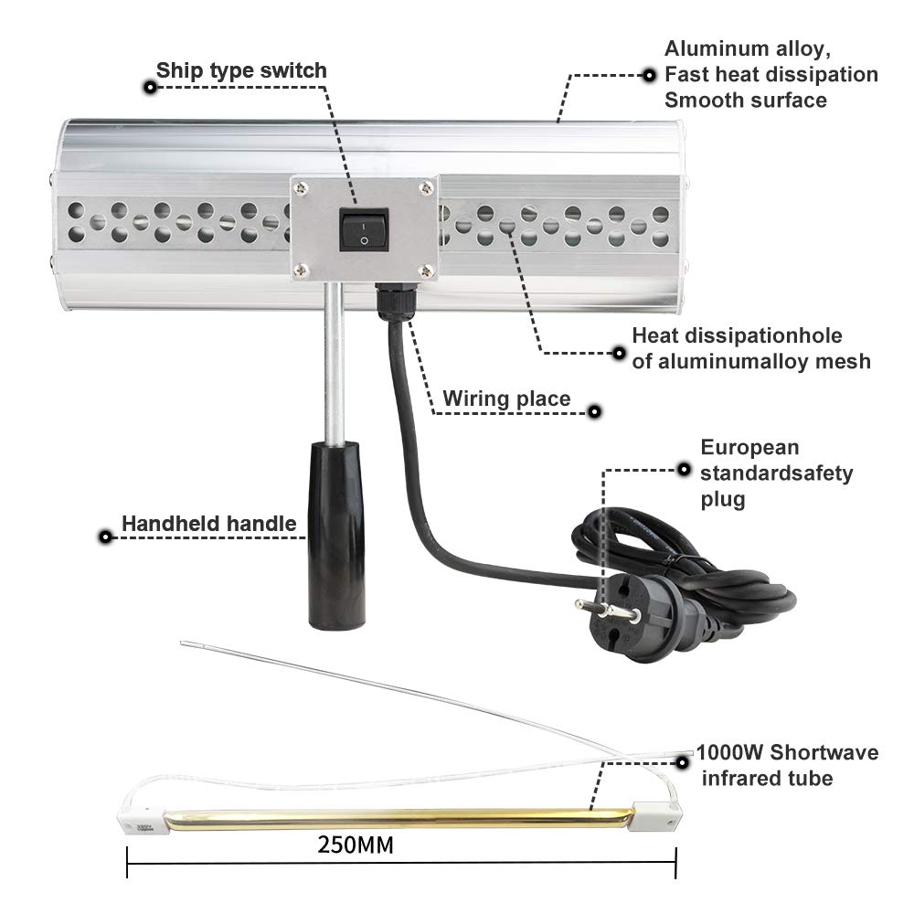 1000W DATOUBOSS Infrared Paint Curing Lamp - Shortwave Heat Lamp for Auto Body Repair & Paint Booth Systems | Portable Car Paint Drying Light | Perfect for Professional Auto Shops & DIY Garage Projects