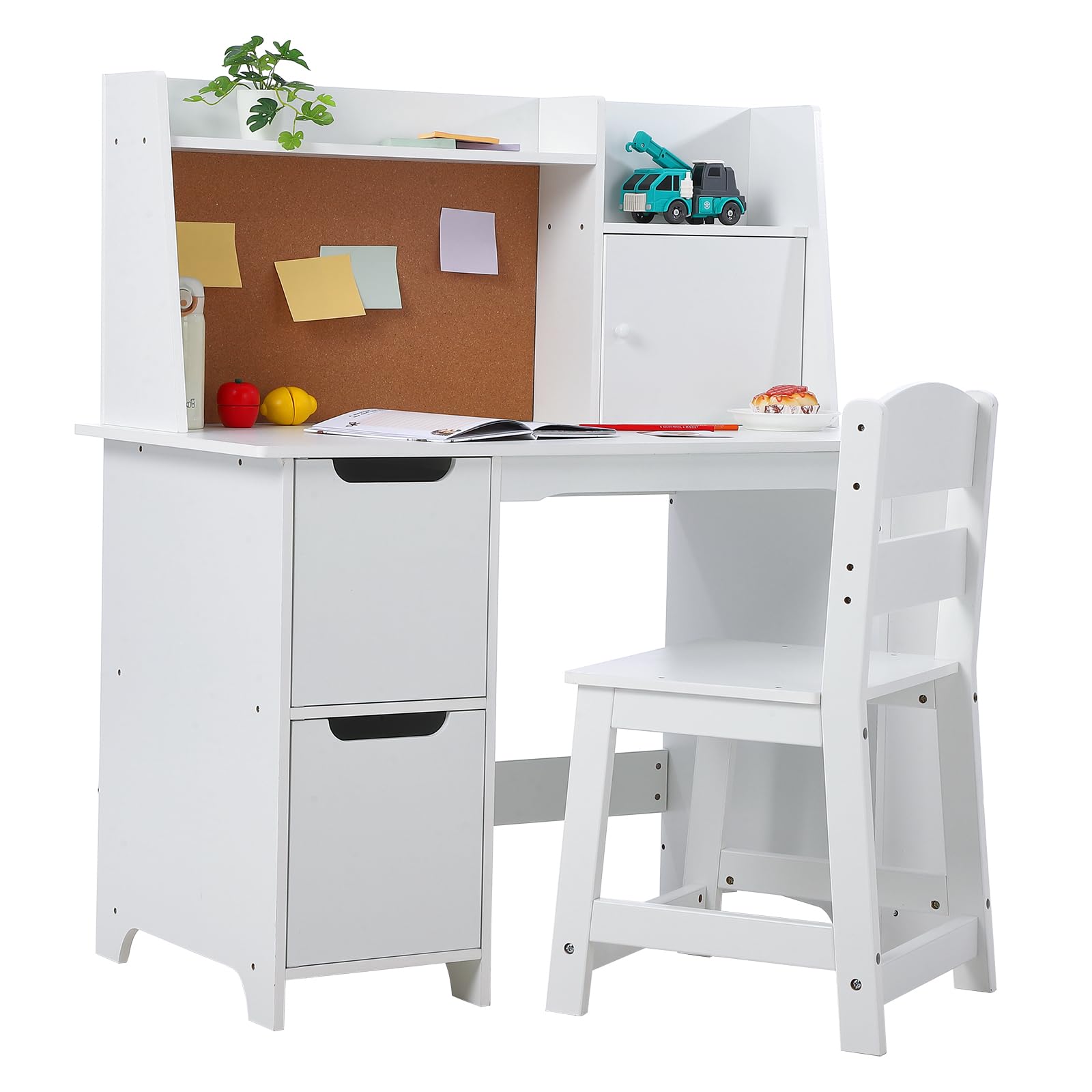 Kids Study Desk and Chair Set with Storage - White Learning Table with Bookshelf & Cabinets for Boys & Girls Ages 3-8 | Perfect for Homeschooling, Online Classes & Homework Organization in Bedroom or Playroom