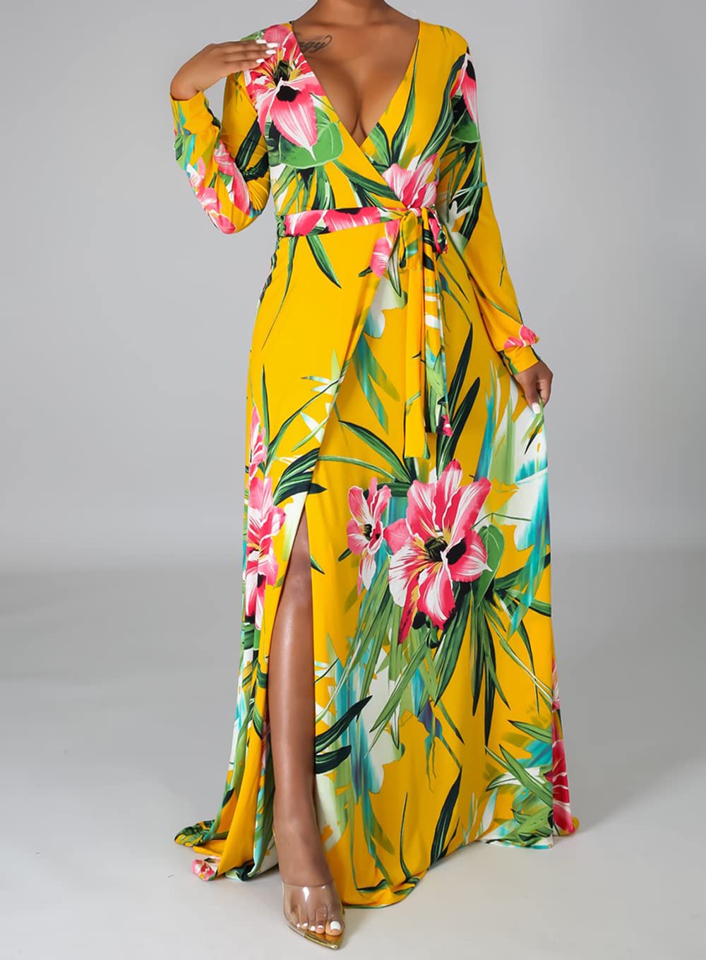JTNFairy Women's Casual Floral Print Long Maxi Dress - Plus Size Summer Beach Dress, Boho Party Outfit for Vacation, Wedding Guest & Date Night
