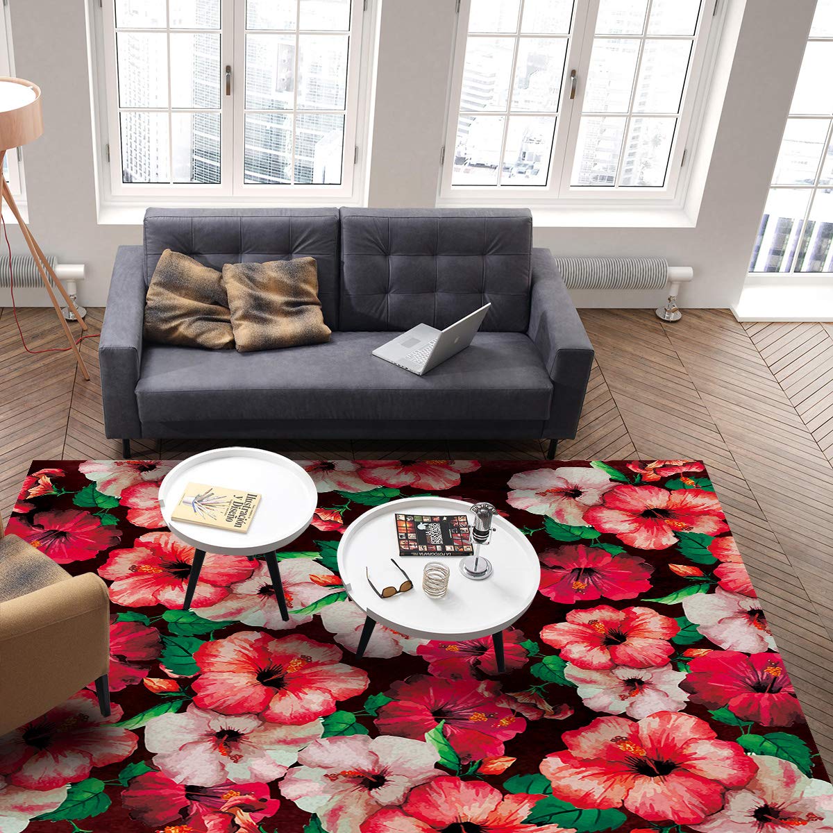 Ultra Soft Red Hibiscus Tropical Leaves Pattern Indoor Area Rug - 3'x5' Rectangle Floor Mat for Bedroom, Living Room | Perfect for Boho Decor & Cozy Home Accents