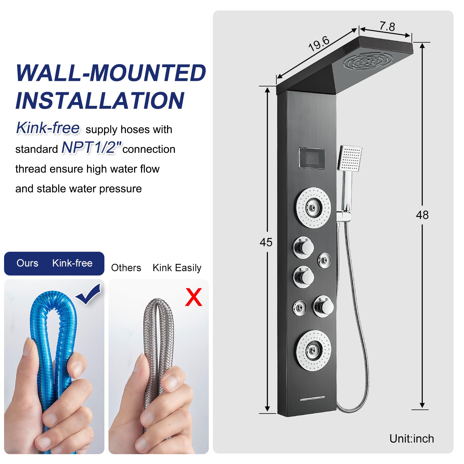 ROVATE 6-in-1 LED Shower Panel Tower System with Rainfall Shower Head, Body Jets, Handheld Spray & Digital Temperature Display - High Pressure Black Shower Column with Tub Spout for Luxury Bathroom Renovation & Spa Experience