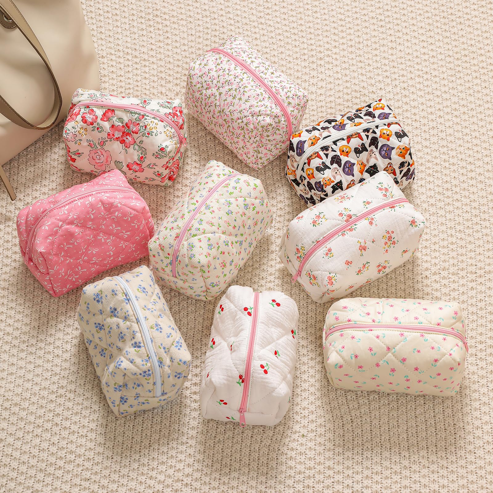 Small Quilted Cotton Makeup Bag | Cute Floral Cosmetic Pouch | Travel Toiletry Organizer for Women & Girls | Kawaii Aesthetic Accessory (Yellow Pink Flower) | Perfect for Travel, Gym, Daily Use & Gift Giving